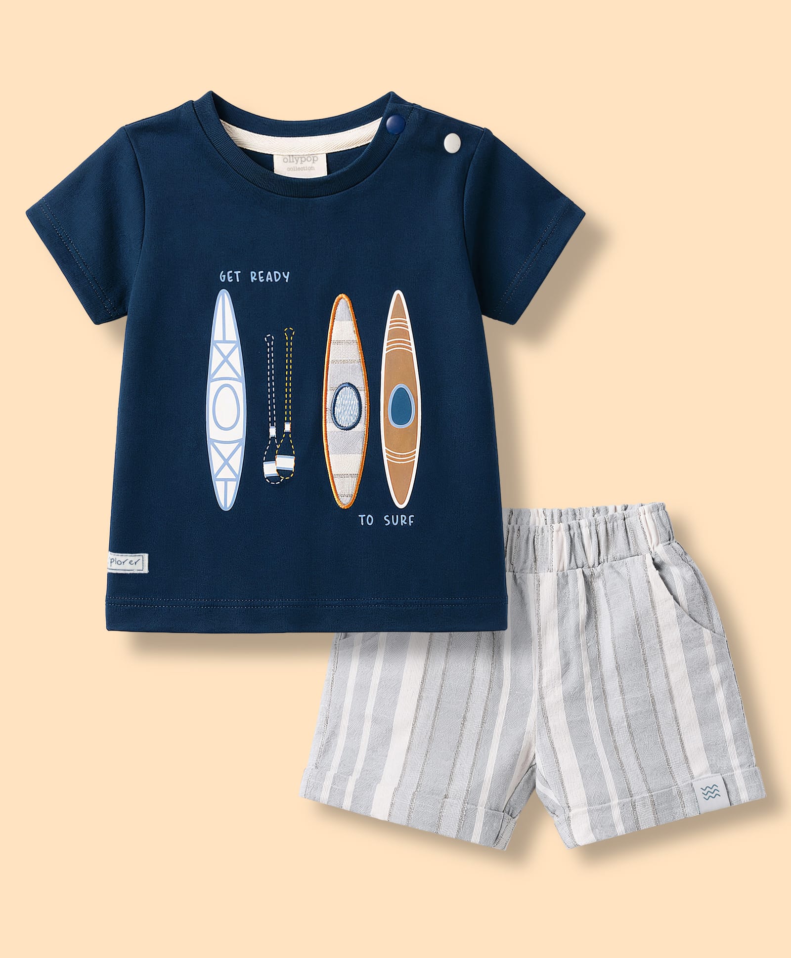 Ollypop Interlock Knit Half Sleeves T-Shirt & Shorts Set with Surfboard Print - Blue-picture-33
