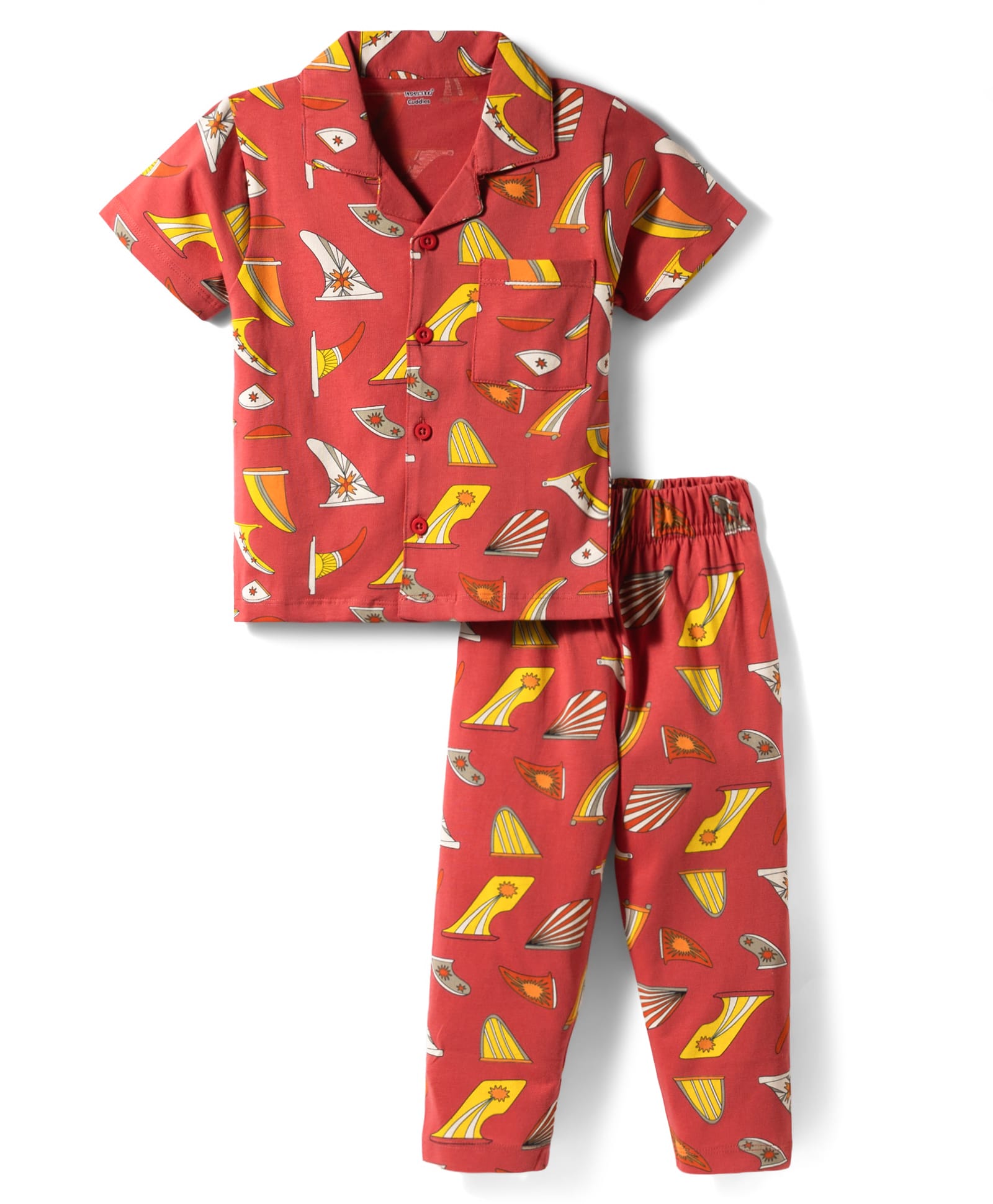 CUCUMBER Knit Half Sleeves Printed Shirt & Pyjama Co-ord Night Suit - Red-image-35