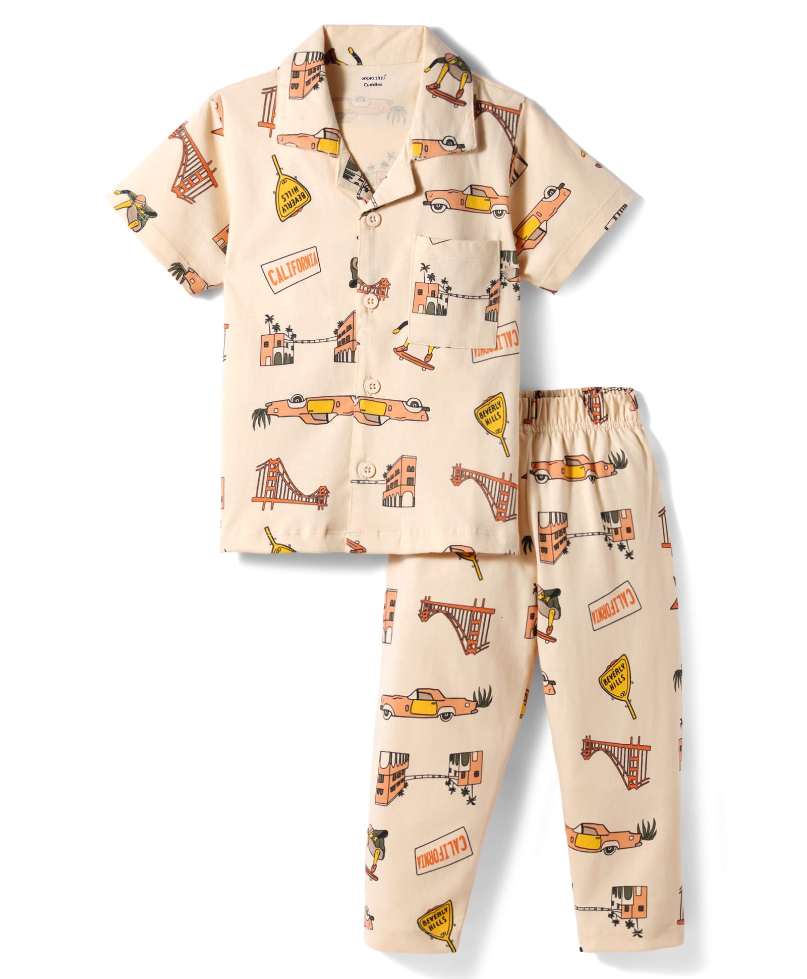 CUCUMBER Knit Half Sleeves Printed Shirt & Pyjama Co-ord Night Suit - Cream-image-6