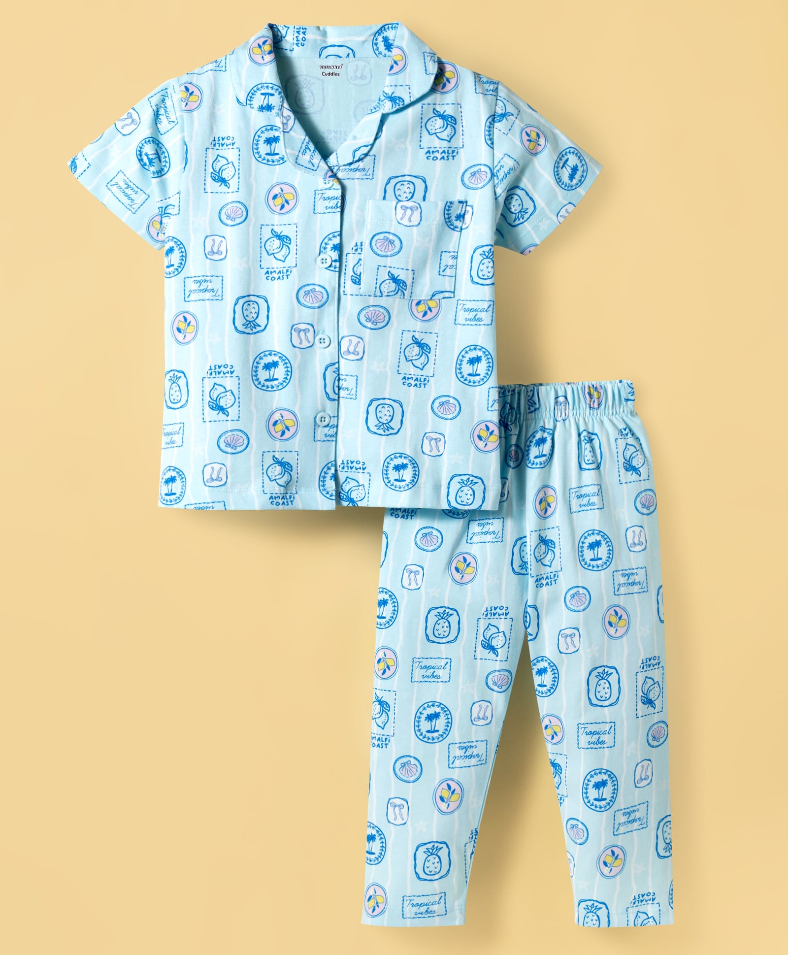 CUCUMBER Knit Half Sleeves Shirt & Pyjama Co-ord Night Suit with Tropical Print - Light Blue-image-45