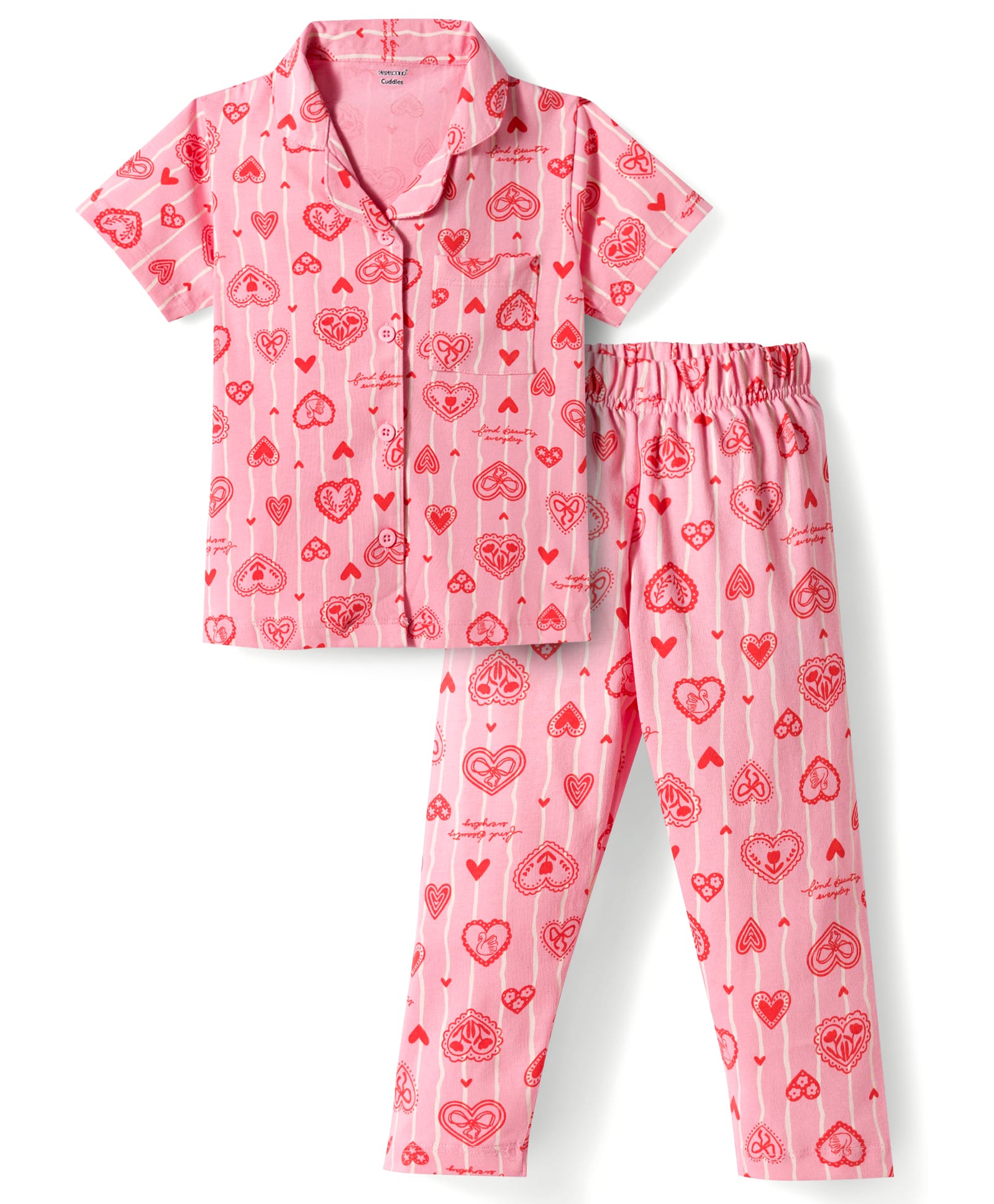 CUCUMBER Knit Half Sleeves Shirt & Pyjama Co-ord Night Suit with Heart Print - Pink-picture-44