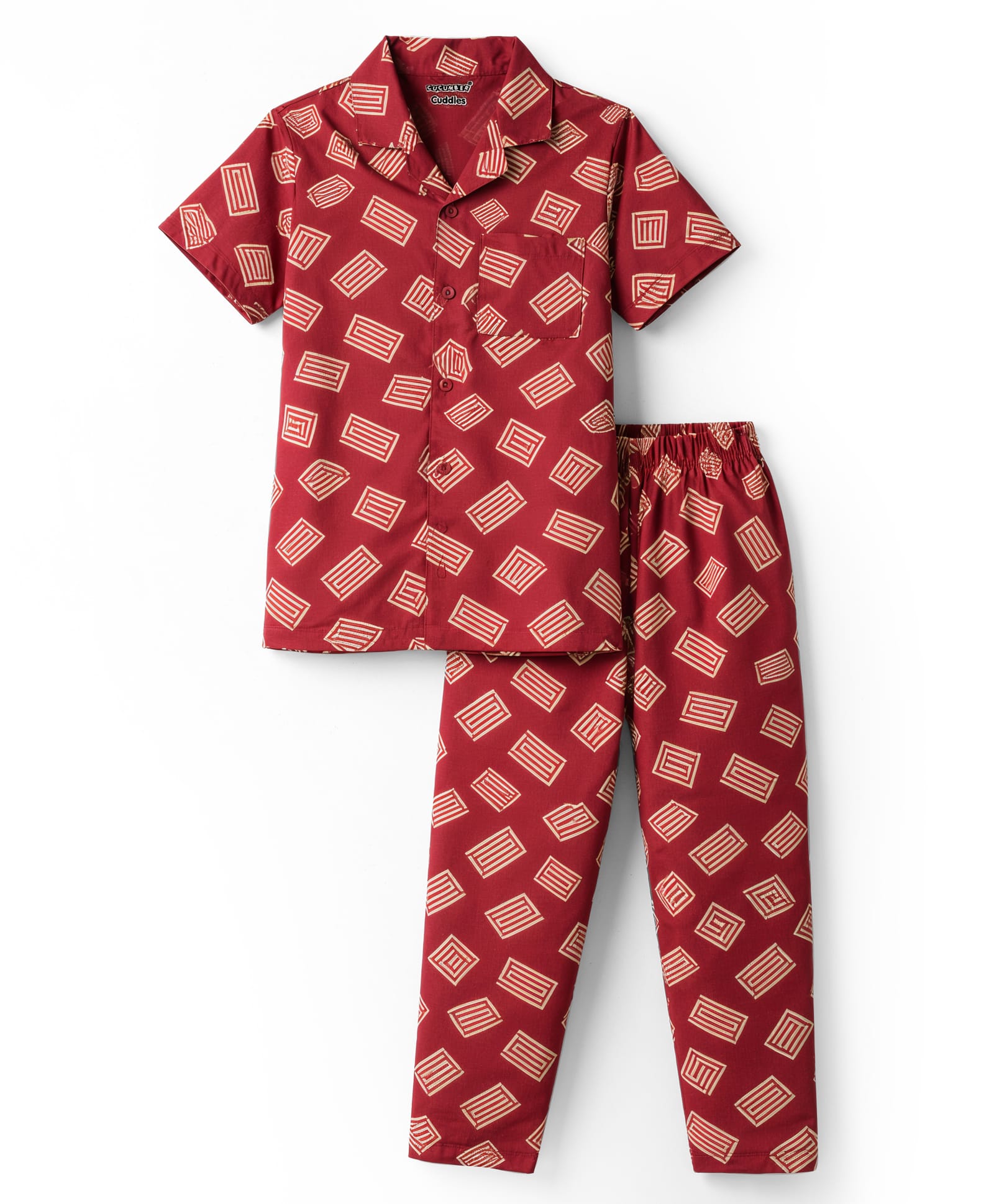 CUCUMBER Knit Half Sleeves Printed Shirt & Pyjama Co-ord Night Suit - Rust Orange-image-46