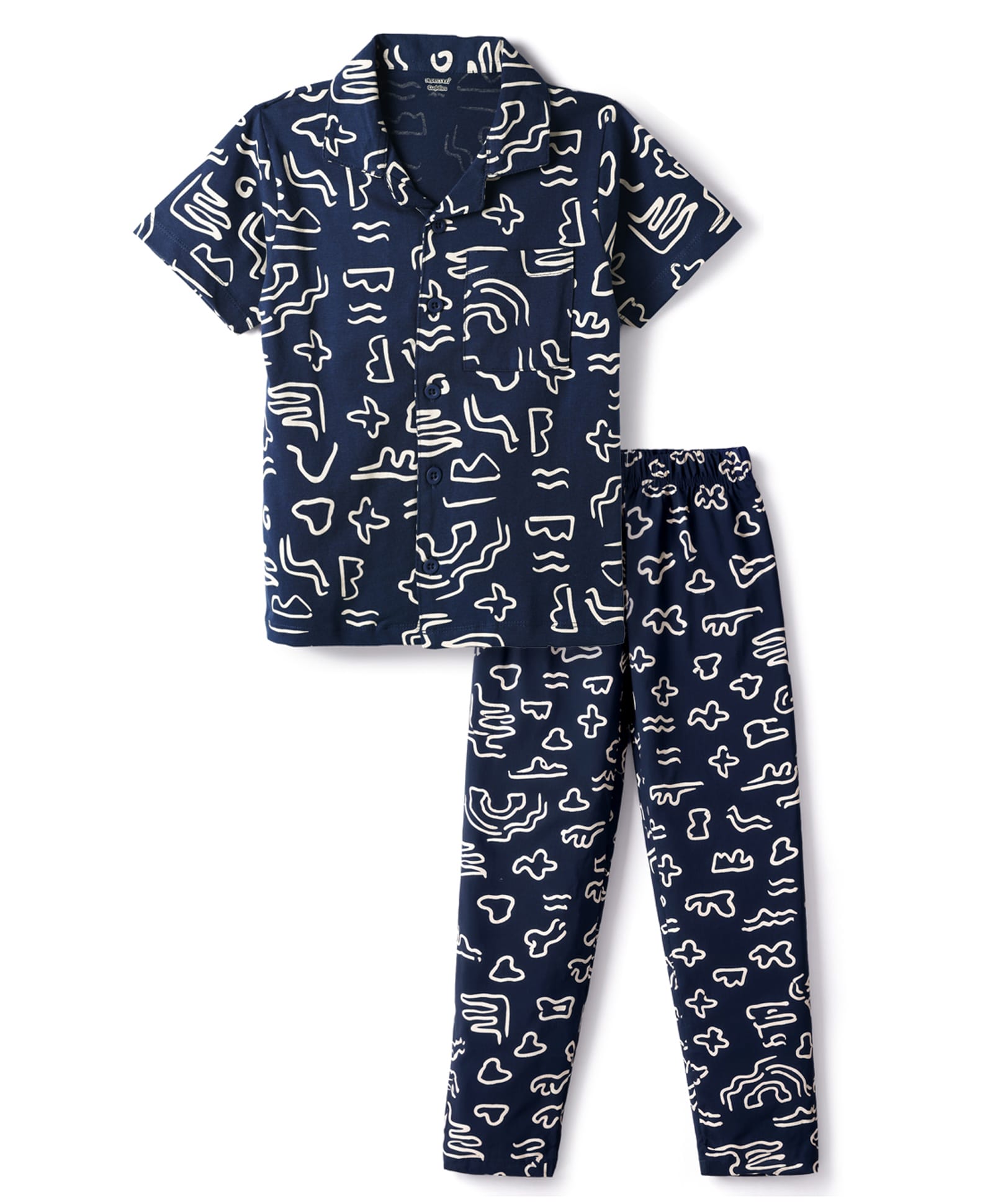 CUCUMBER Knit Half Sleeves Printed Shirt & Pyjama Co-ord Night Suit - Navy Blue-image-32