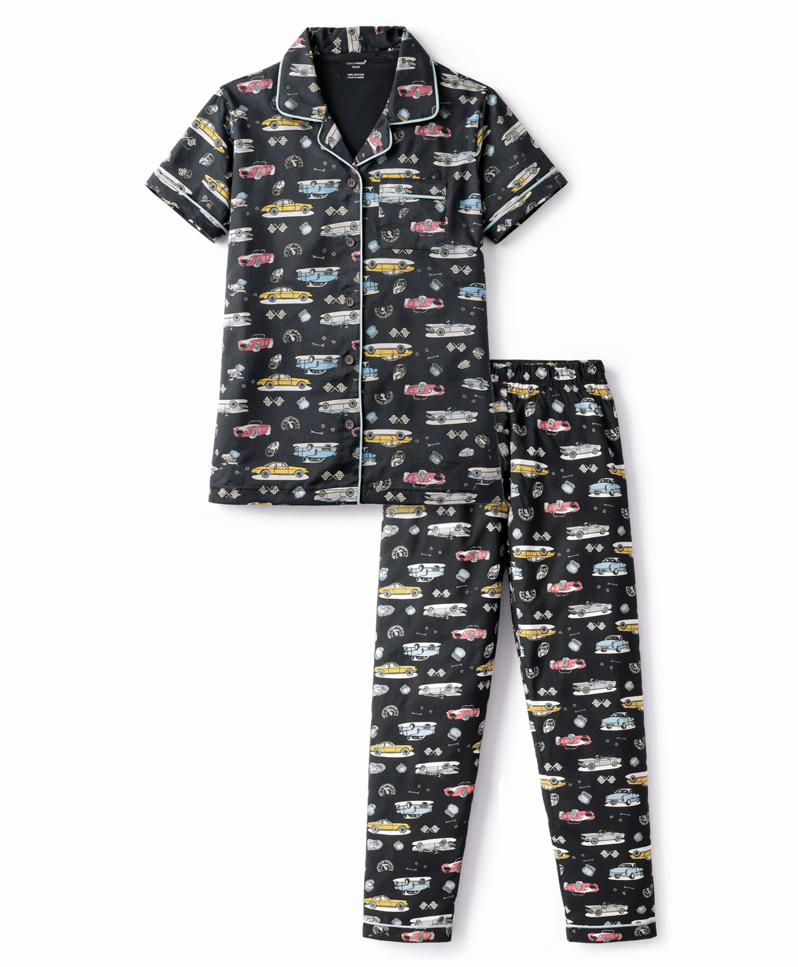 CUCUMBER Knitted Half Sleeves Vehicles Printed Co-Ords Shirt & Pyjama Night Suit - Grey-image-43