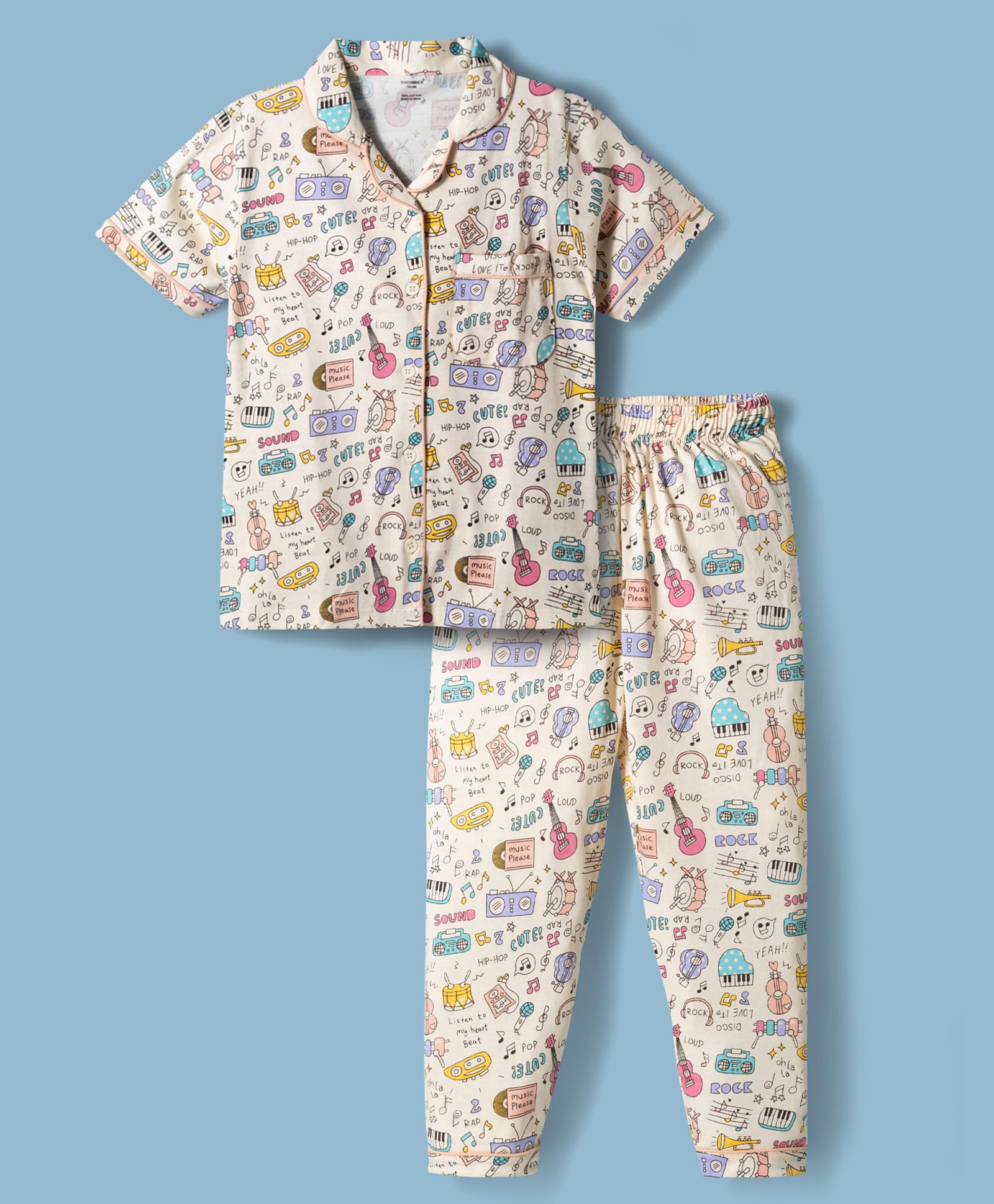 CUCUMBER Knit Half Sleeves Printed Shirt & Pyjama Co-ord Night Suit - Light Pink-image-29
