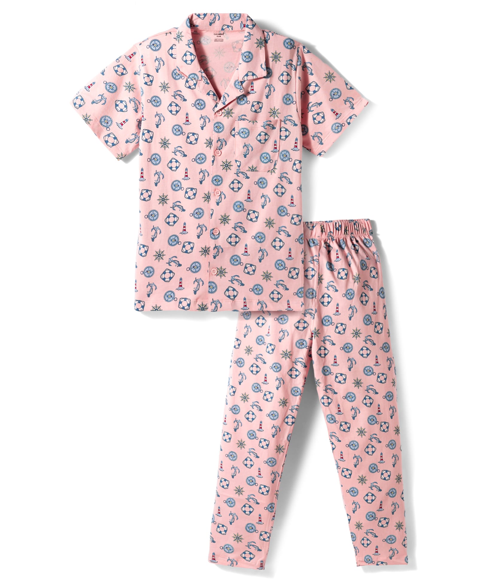 CUCUMBER Knit Half Sleeves Shirt & Pyjama Co-ord Night Suit with Nautical Theme Print - Light Pink-image-42