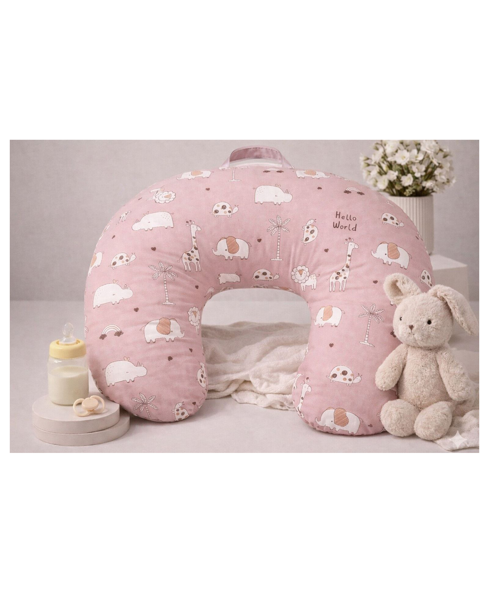VOIDROP Printed Cotton C-Shaped Nursing & Breastfeeding Support Pillow Helper for Mother and Baby Pillow with Detachable Cover (Pink)-picture-8