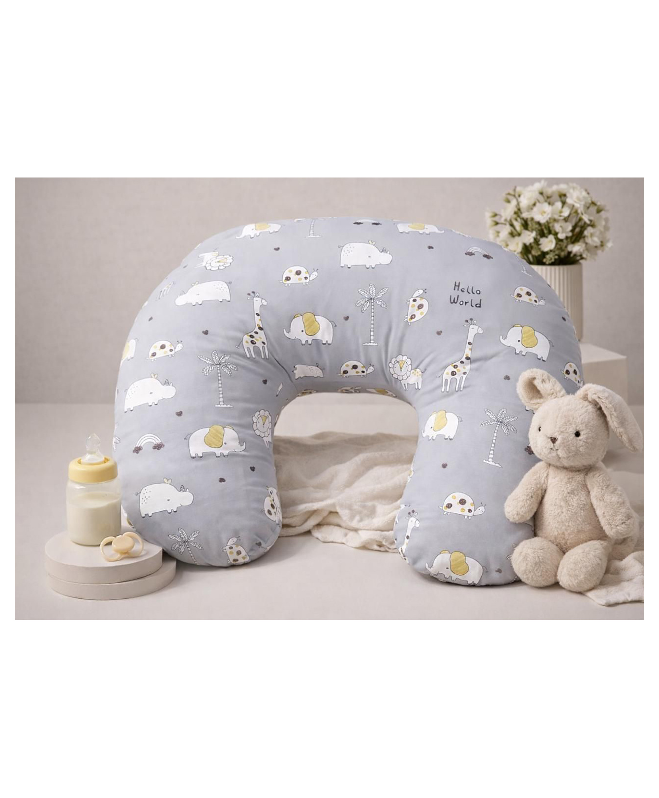 VOIDROP Printed Cotton C-Shaped Nursing & Breastfeeding Support Pillow Helper for Mother and Baby Pillow with Detachable Cover (Grey)-picture-32