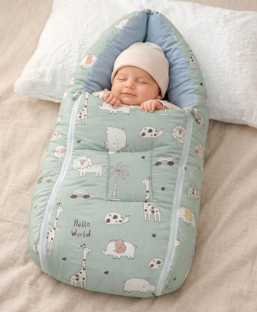 VOIDROP Baby Carry Bed Premium Printed Cotton Sleeping Bag - Green-picture-1