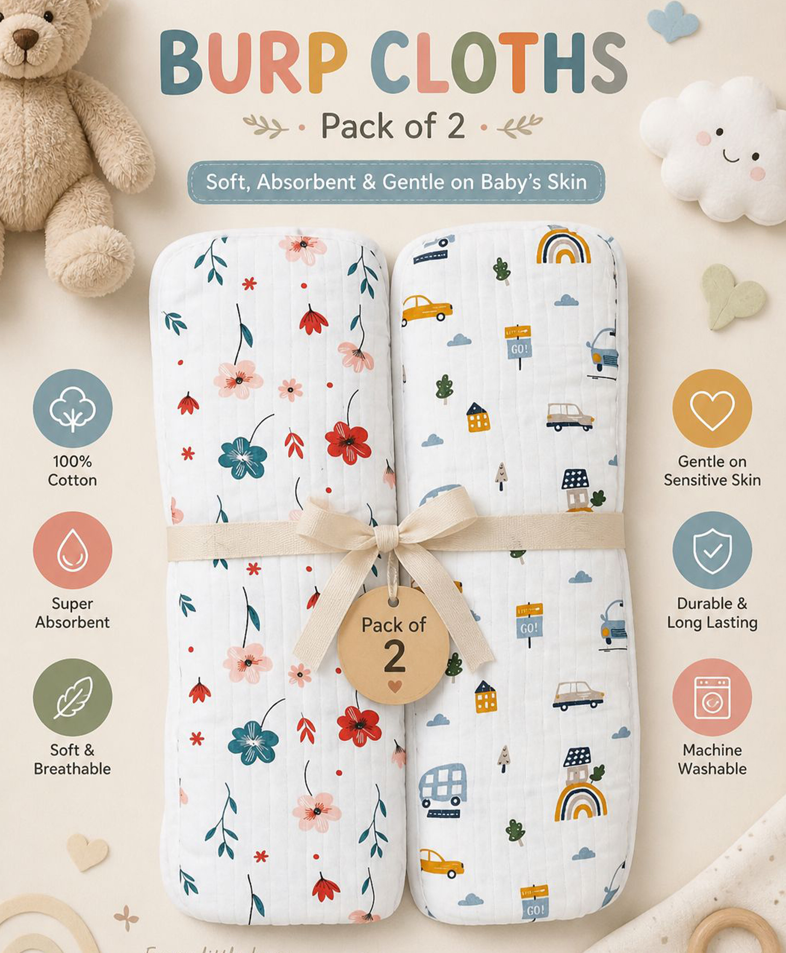 VOIDROP 100% Cotton Muslin Burp Cloth Pack Of 2 - (Car & Flower)-picture-31