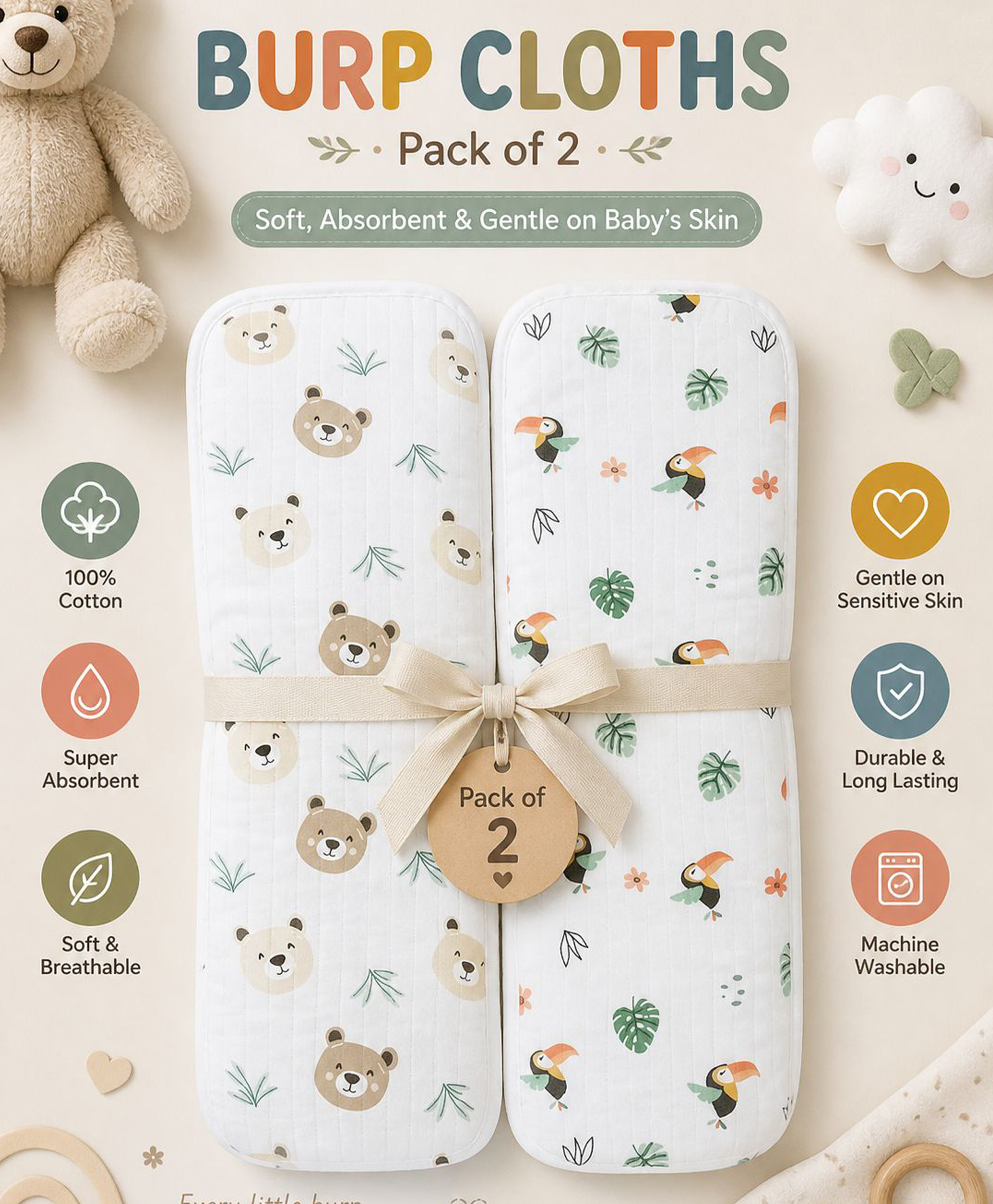 VOIDROP 100% Cotton Muslin Burp Cloth Pack Of 2 - (Bear & Bird)-picture-15