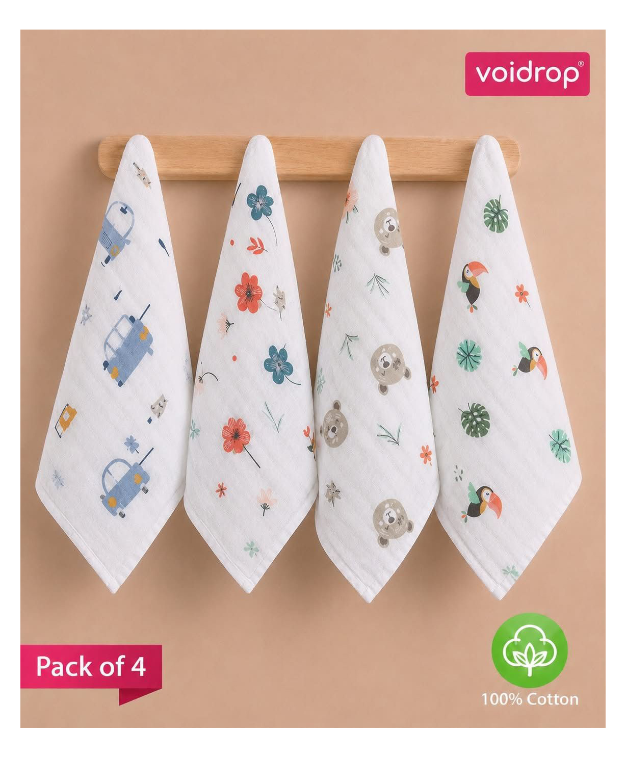 Voidrop 100% Cotton Muslin Wipes Pack of 4 Soft Print - Multicolor-picture-18