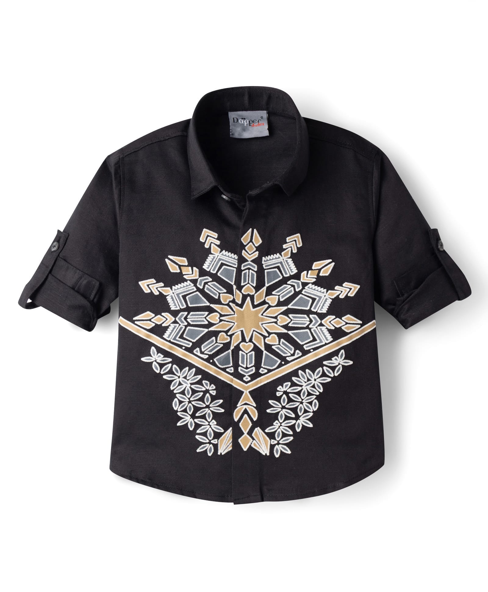 Dapper Dudes Cotton Woven Full Sleeves Printed Shirt with Embroidery Black 10-11 Years-image-2