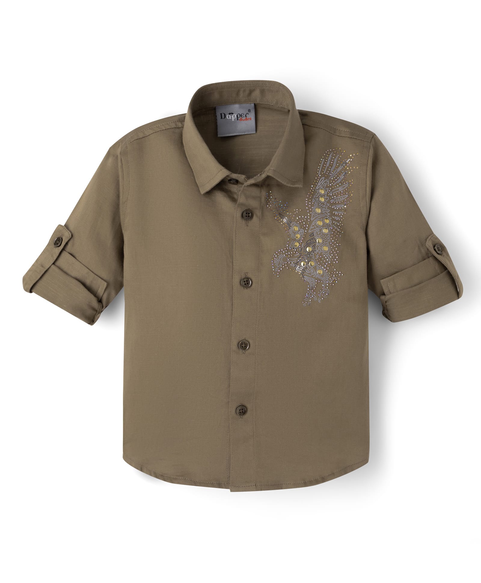 Dapper Dudes Cotton Woven Shirt Embellished Bird Patch Full Sleeves Khaki 12-24 Months-image-4