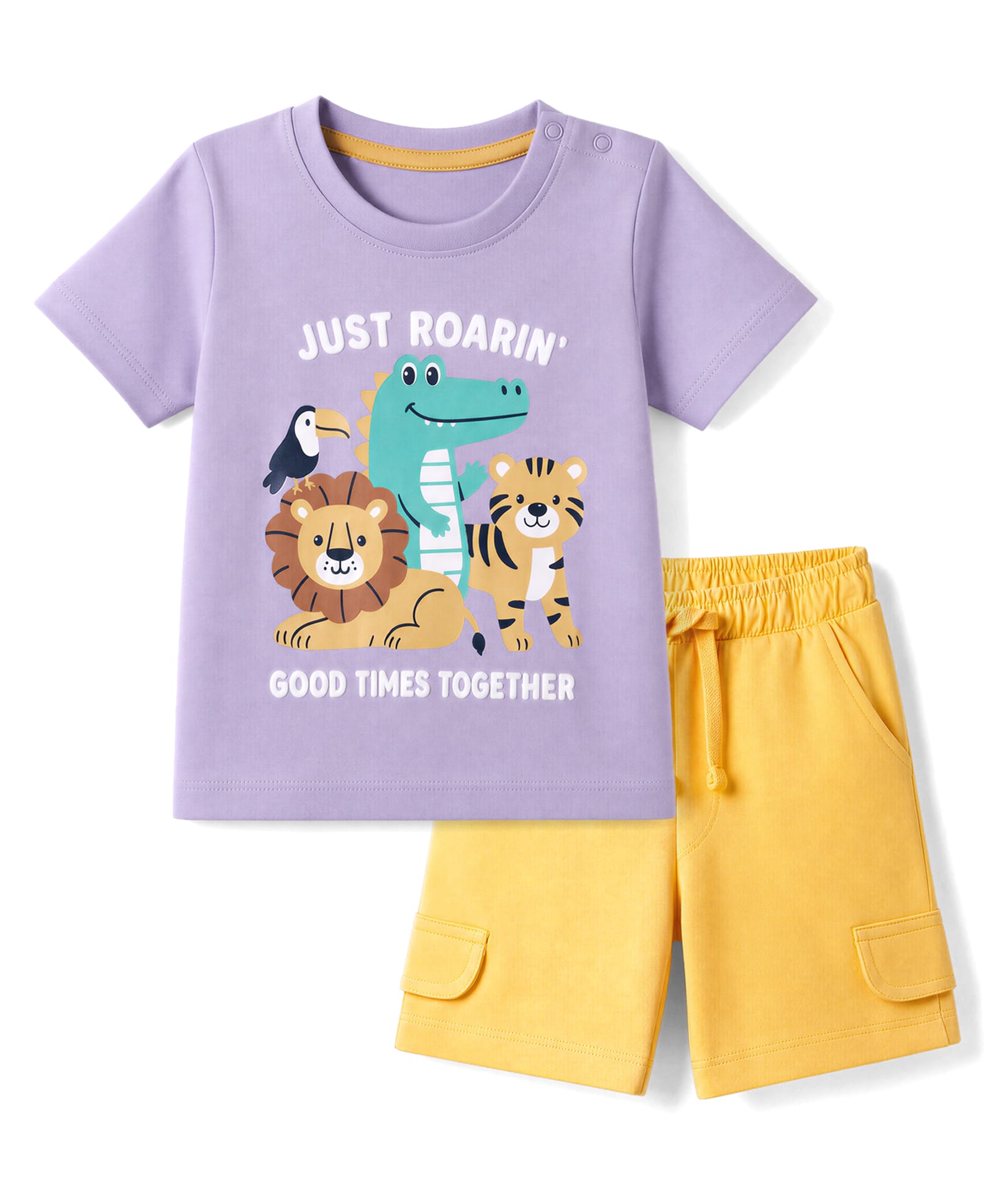 Babyhug Single Jersey Knit Half Sleeves T-Shirt & Shorts Set Animal Print - Lavender & Yellow-picture-20
