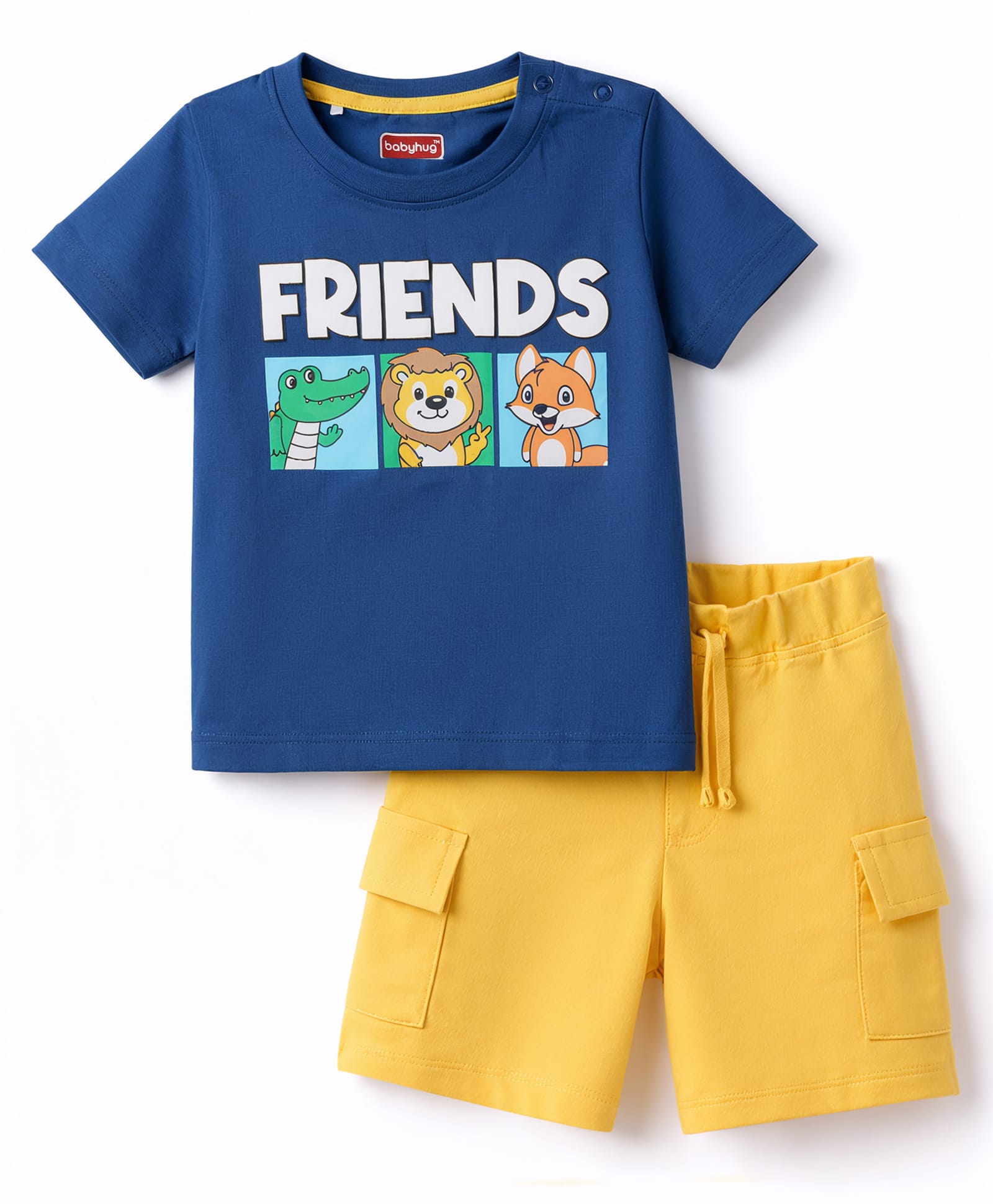 Babyhug Single Jersey Knit Half Sleeves T-Shirt & Shorts Set With Text Print - Navy Blue & Yellow-picture-10