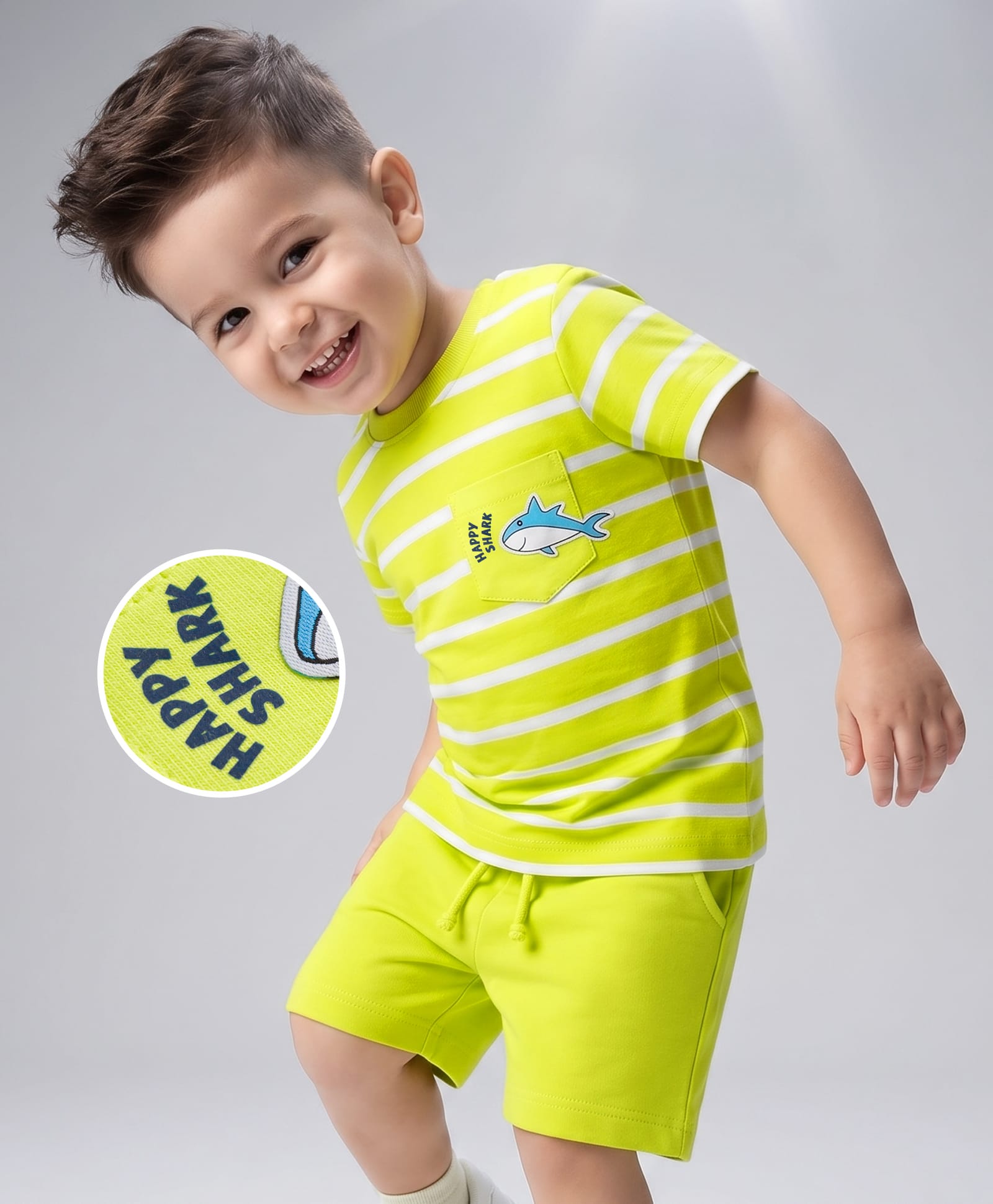 Babyhug 100% Cotton Knit Half Sleeves Striped & Sea Life Printed T-Shirt & Shorts Set - Lime Green-image-11