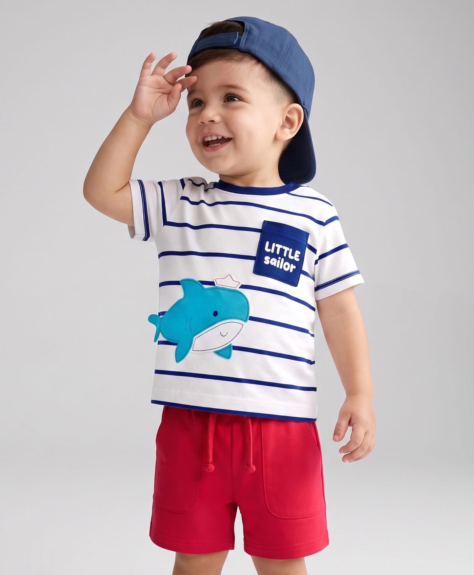 Babyhug 100% Cotton Knit Half Sleeves Striped T-Shirt & Shorts Set With Shark Applique - Red-picture-19
