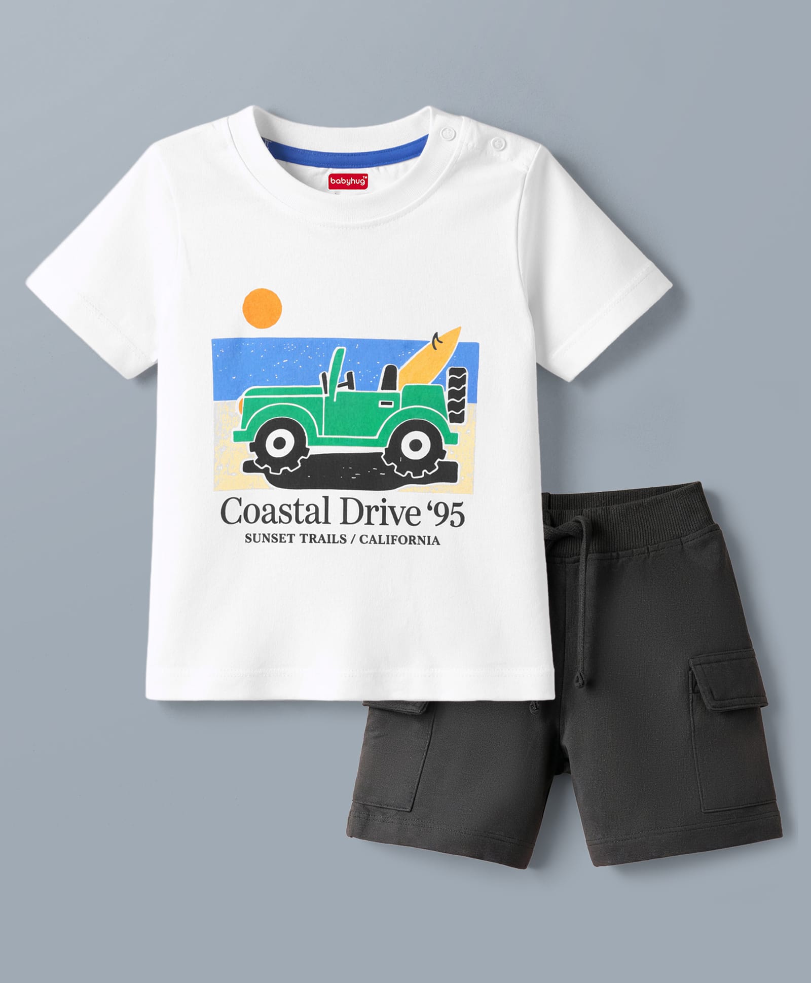 Babyhug Single Jersey Knit Half Sleeves T-Shirt & Shorts Set With Car Print - White & Charcoal-image-32