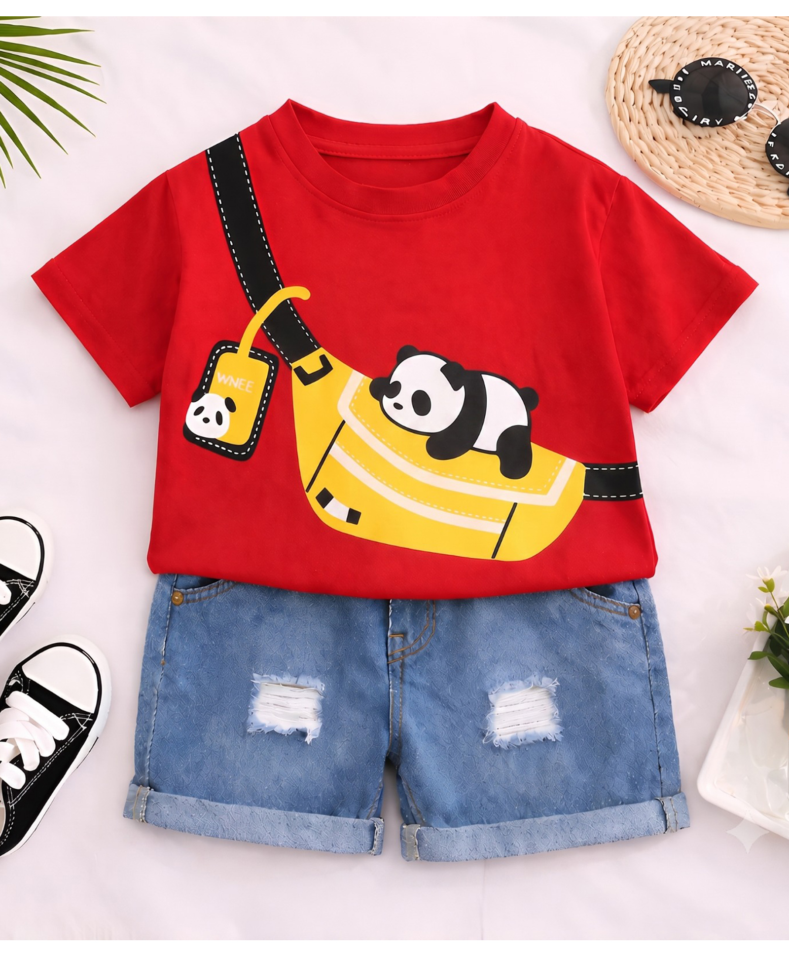 Googo Gaaga Cotton Knit Half Sleeves Fur Panda Applique Detailed Tee & Shorts Set - Orange-image-25