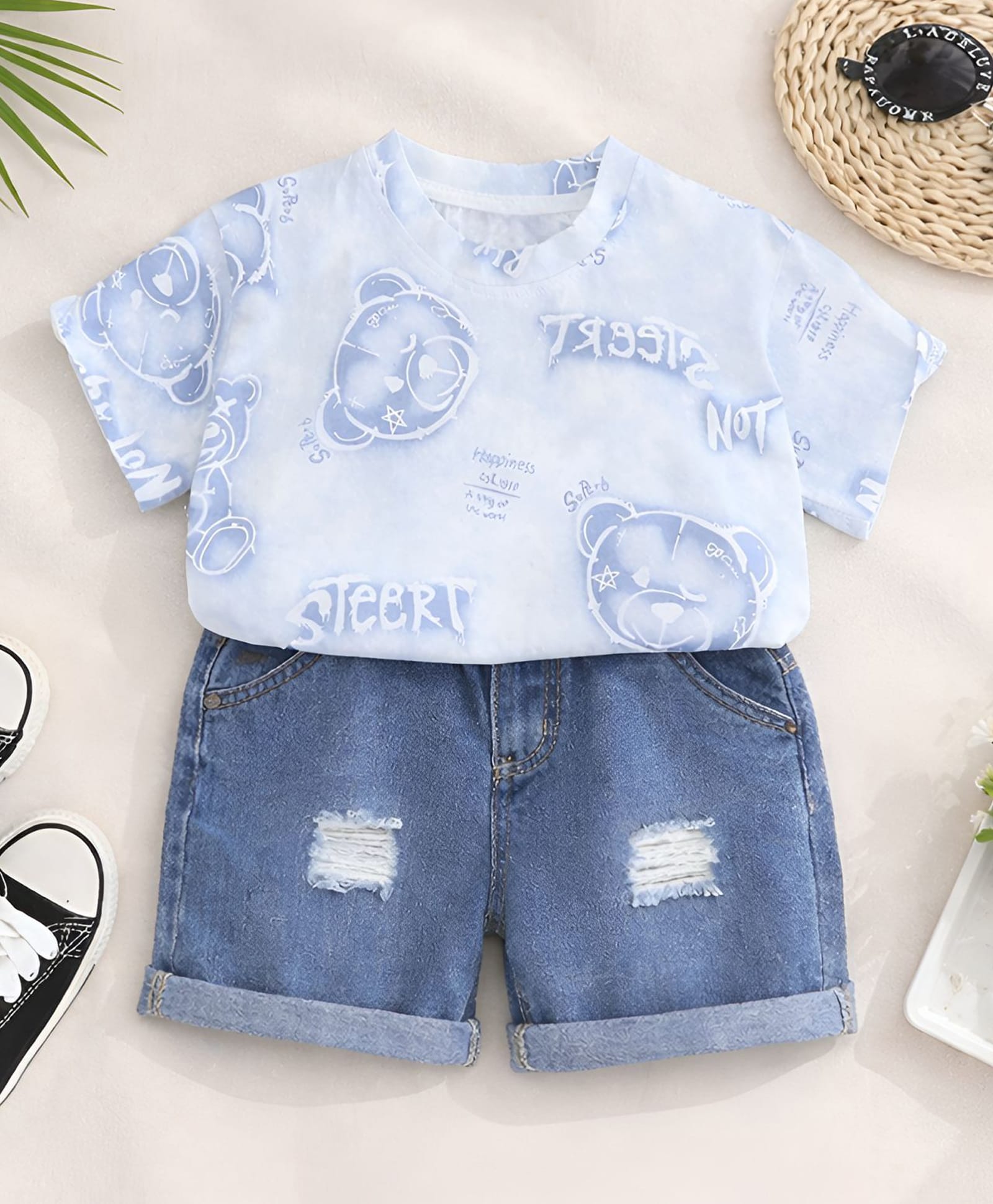 Googo Gaaga Cotton Knit Half Sleeves Teddy Bear Printed Tee & Distressed Shorts Set - Blue-image-33