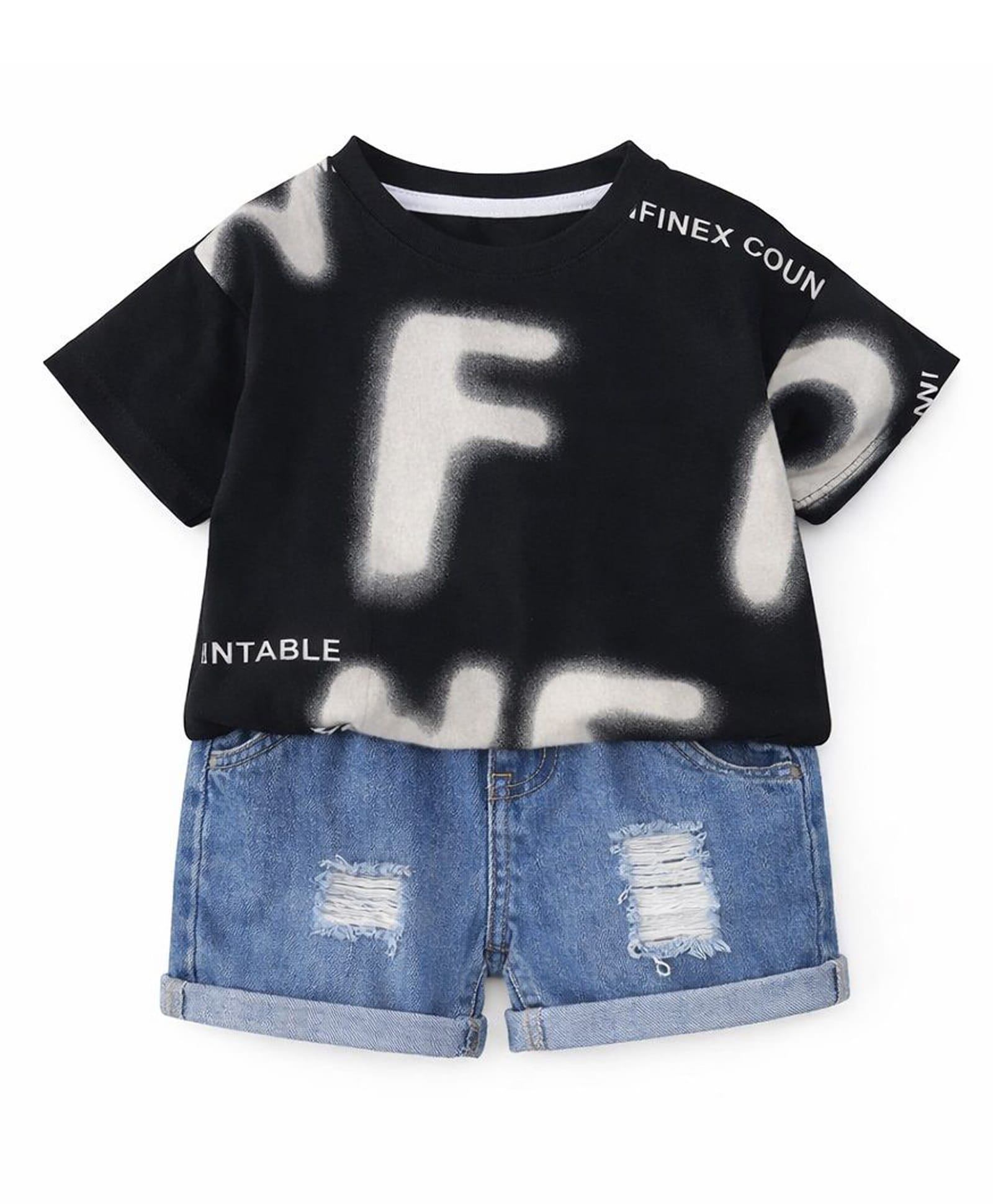 Googo Gaaga Cotton Knit Half Sleeves Typography Printed Tee & Shorts Set - Black-image-19