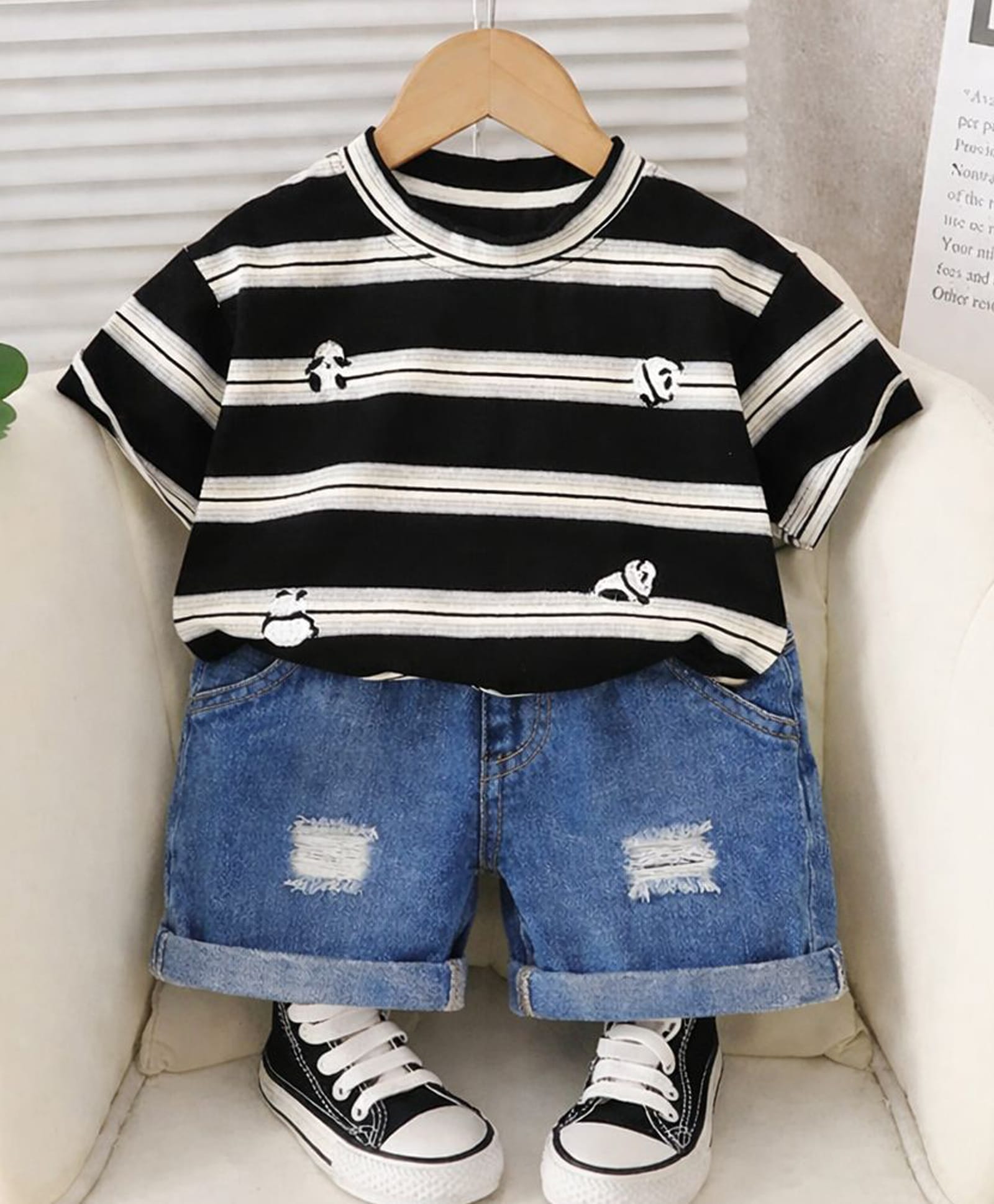Googo Gaaga Cotton Knit Half Sleeves Striped & Panda Printed Tee & Shorts Set - Black & White-image-36