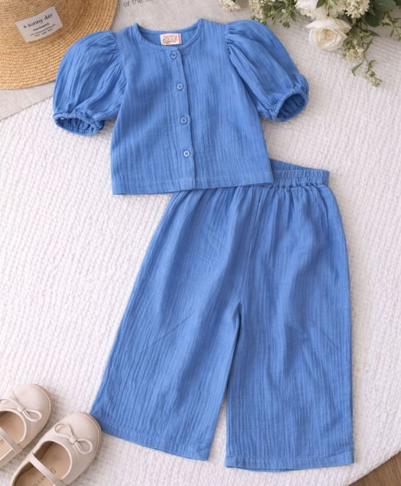 Qvink Cotton Woven Half Puffed Sleeves Textured Top & Pants Set - Blue-picture-11