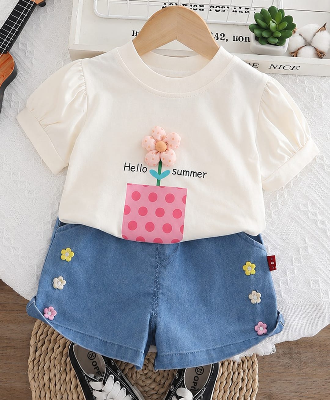 POP STREET KIDS Cotton Knit Half Puffed Sleeves Floral Applique Detailed Tee & Shorts Set - White-image-11