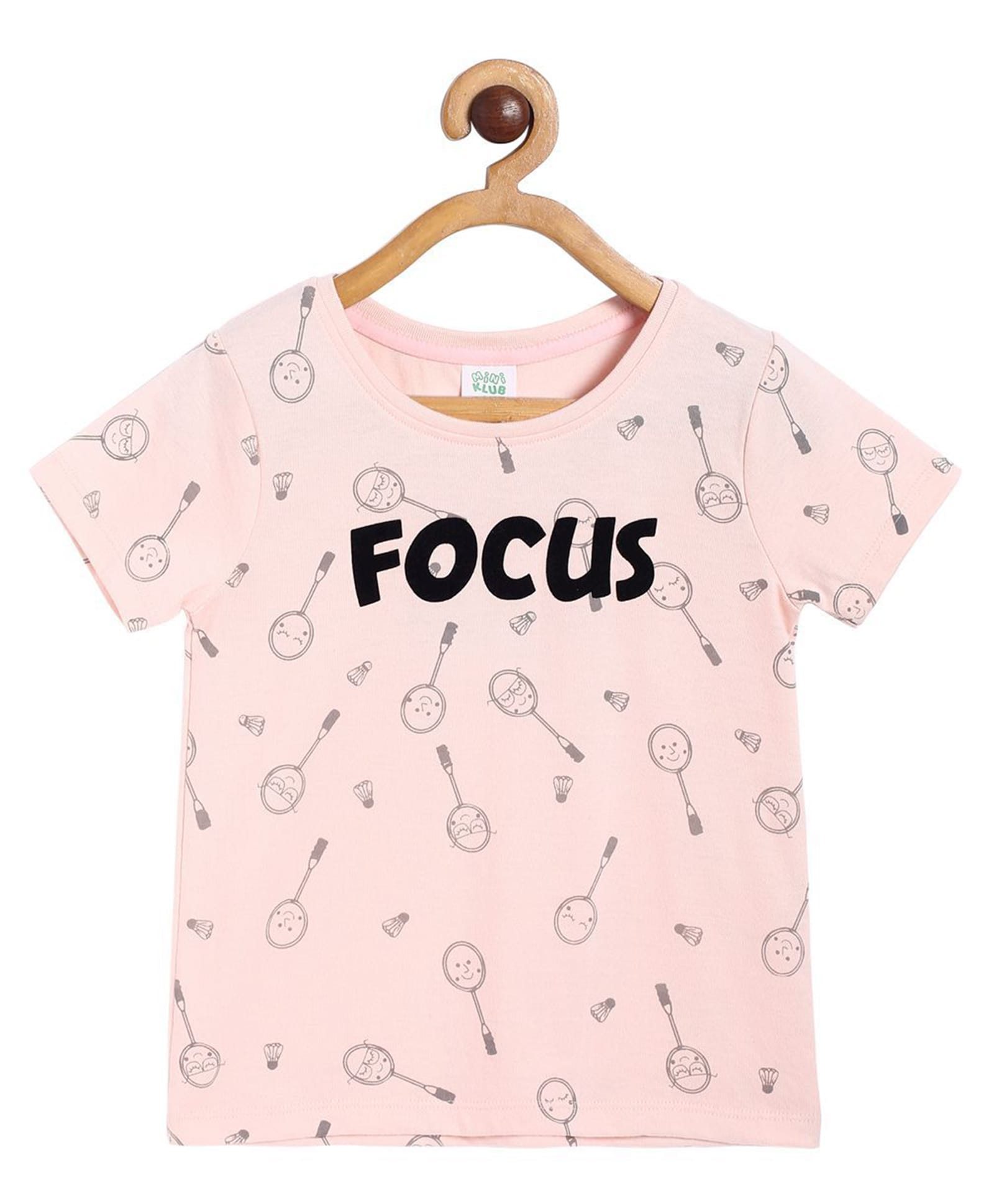 MINI KLUB Cotton Knit Half Sleeves Badminton & Focus Text Printed Tee - Pink-picture-11
