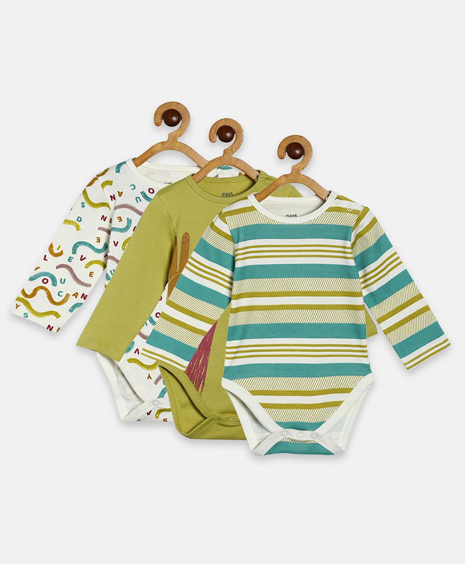 MINI KLUB Cotton Knit Pack Of 3 Full Sleeves Striped & Hands Printed Onesies - Blue White & Green-image-22