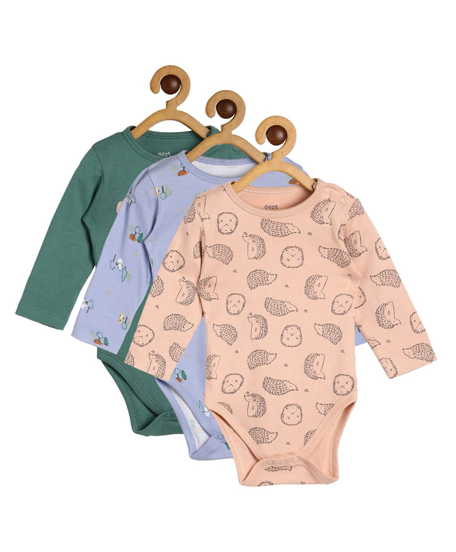 MINI KLUB Cotton Knit Pack Of 3 Full Sleeves Animals & Trees Printed Onesies - Blue & Green-image-22