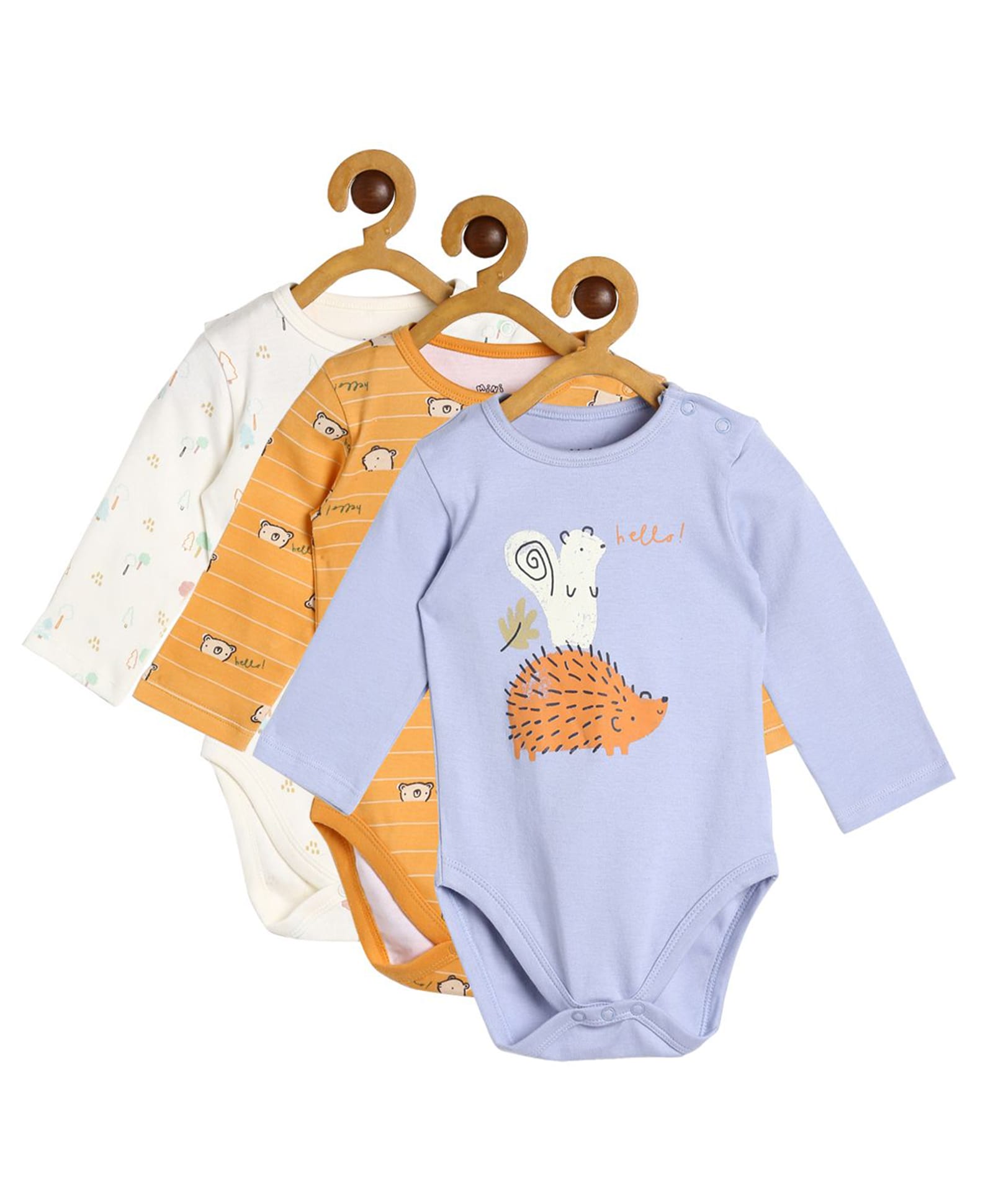 MINI KLUB Cotton Knit Pack Of 3 Full Sleeves Animals & Trees Printed Onesies - Blue Orange & White-image-42