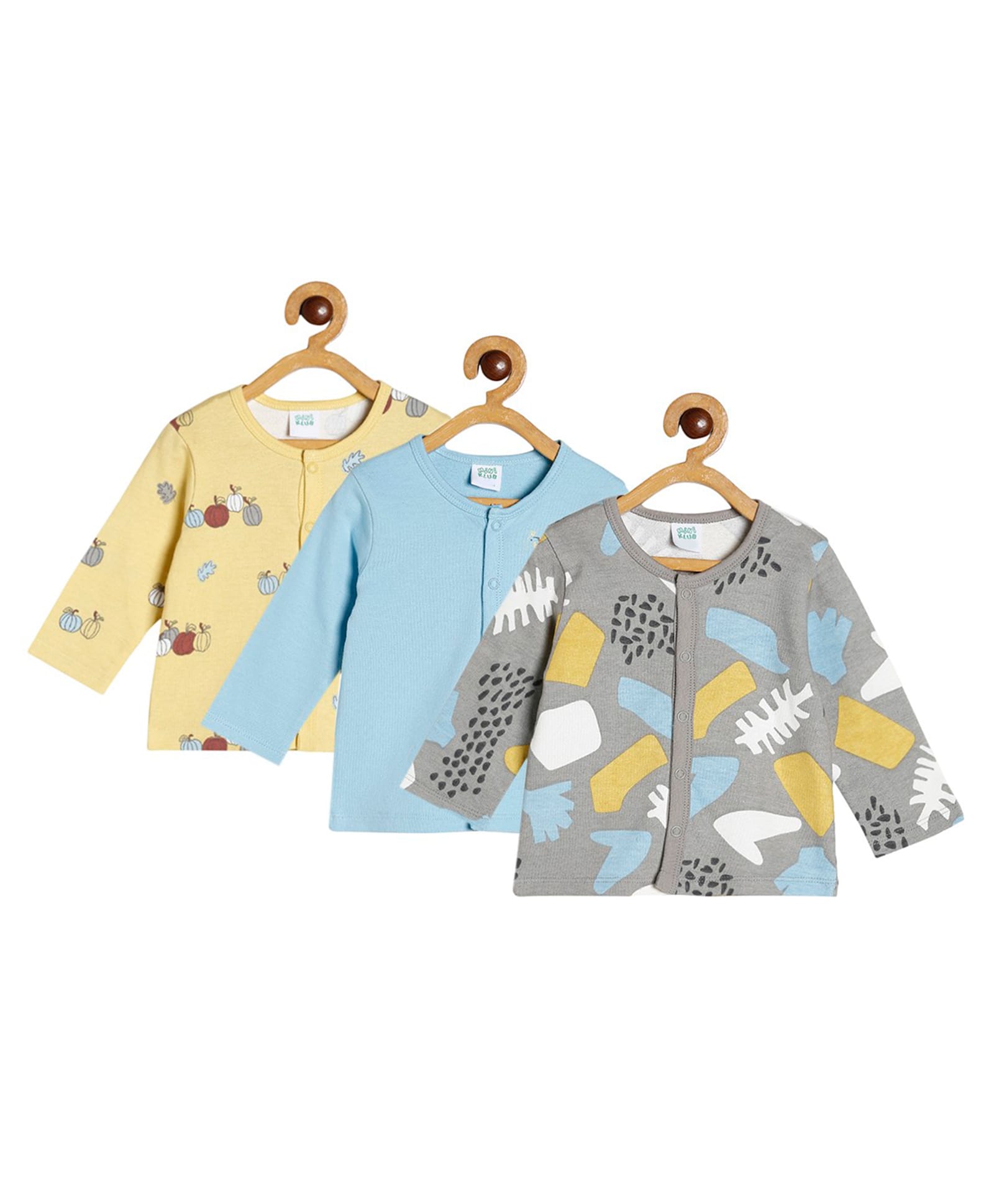 MINI KLUB Cotton Knit Pack Of 3 Full Sleeves Abstract & Pumpkin Printed Vest - Grey Blue & Yellow-picture-45