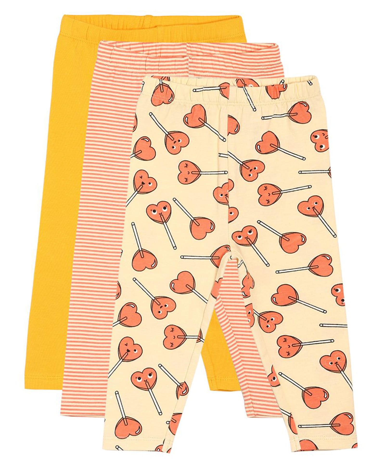 MINI KLUB Cotton Knit Pack Of 3 Heart Lollipop & Striped Leggings - Peach & Mustard-image-45