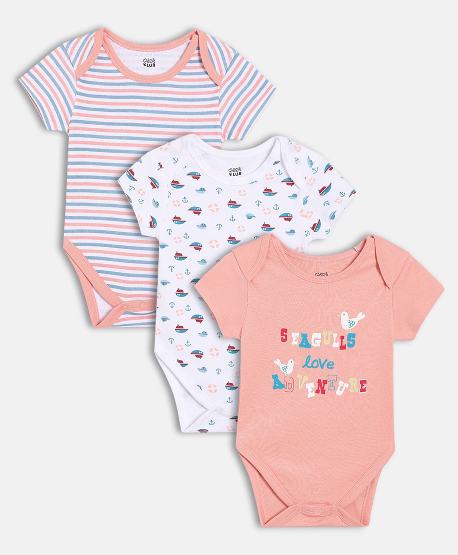 MINI KLUB Cotton Knit Pack Of 3 Half Sleeves Striped Nautical Theme & Typography Printed Onesies - White & Pink-image-42