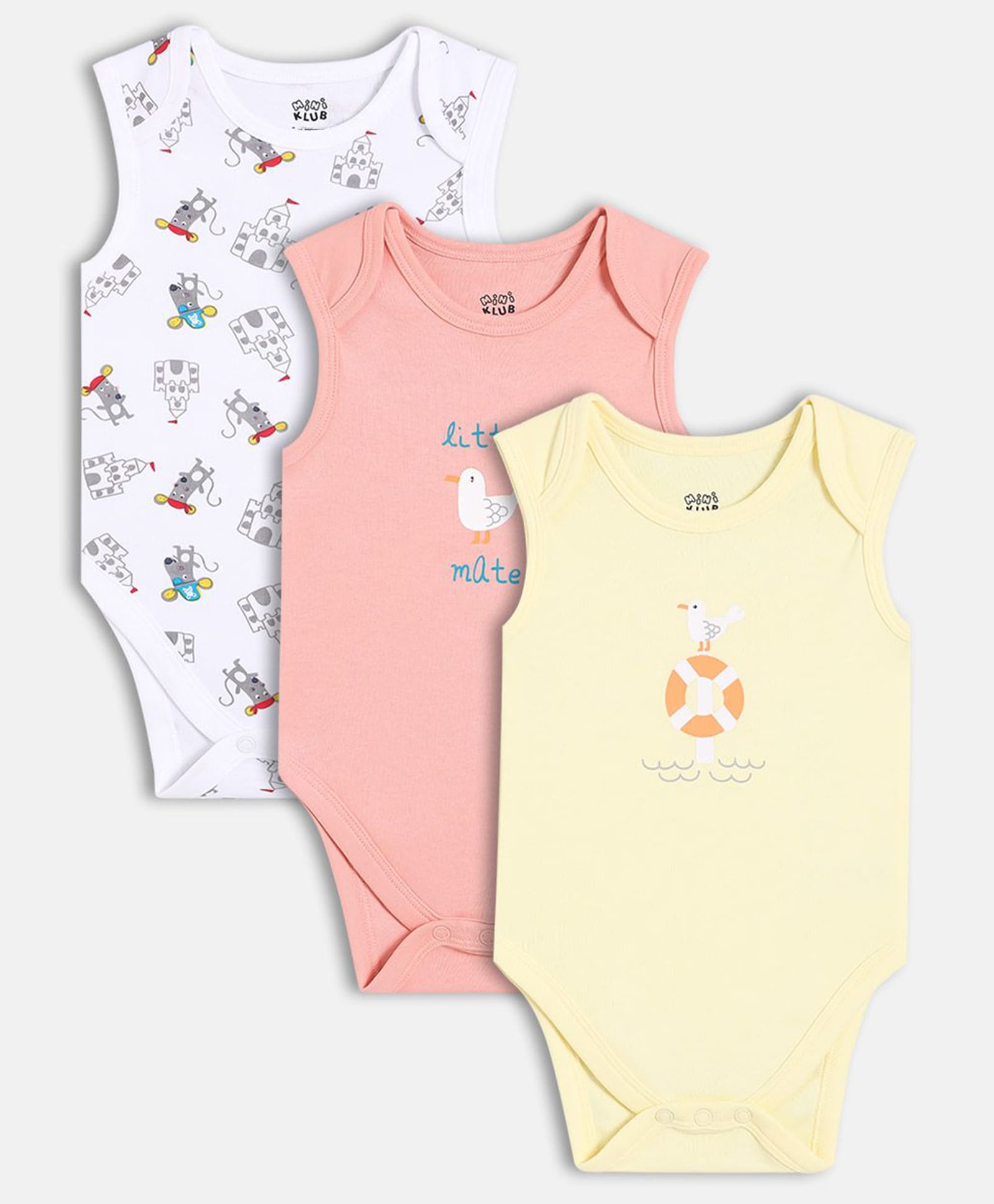 MINI KLUB Cotton Knit Pack Of 3 Sleeveless Bird Mouse & Castle Printed Onesies - Pink & White-image-30