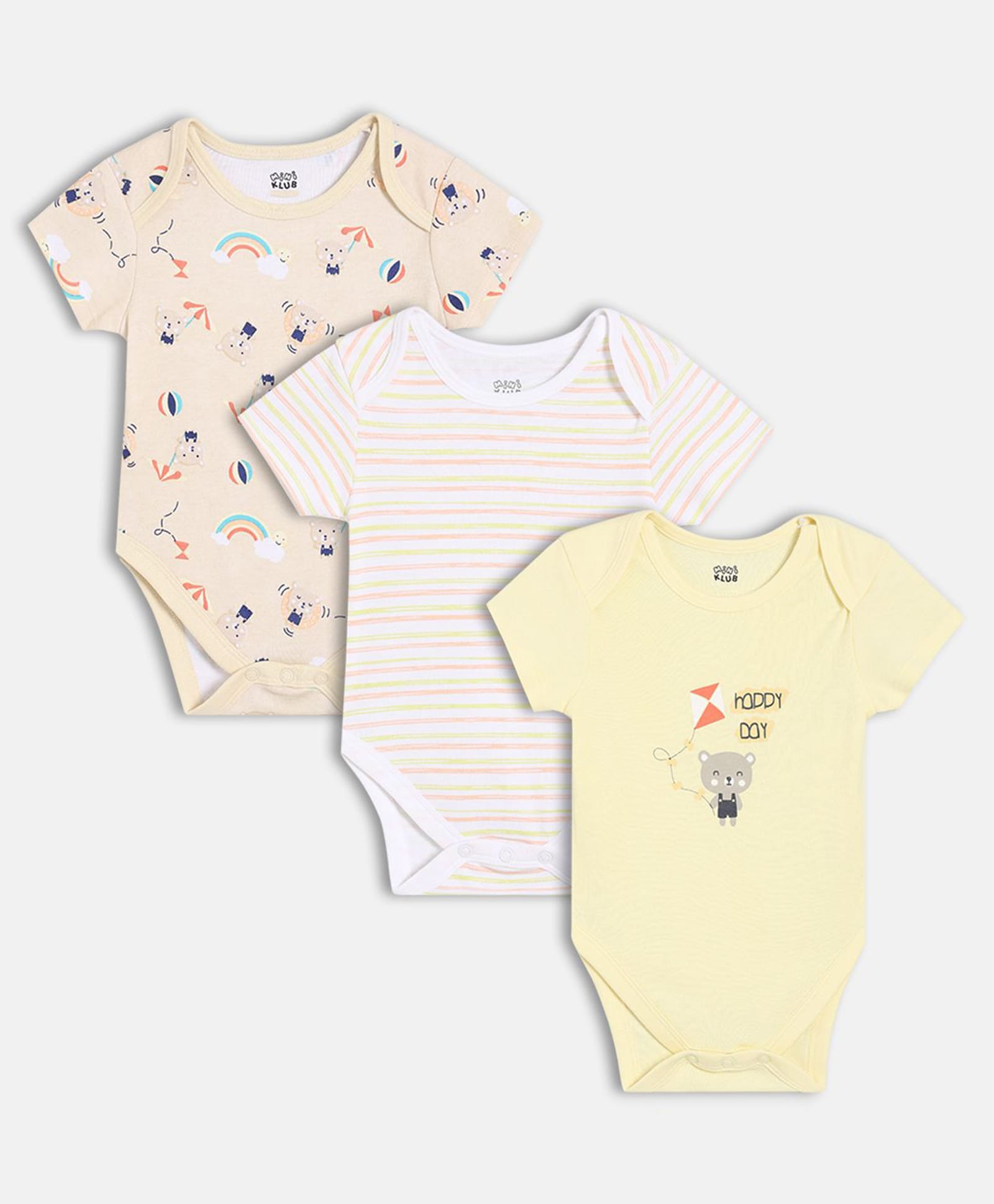 MINI KLUB Cotton Knit Pack Of 3 Half Sleeves Striped & Animal Printed Onesies - White Beige & Yellow-image-28