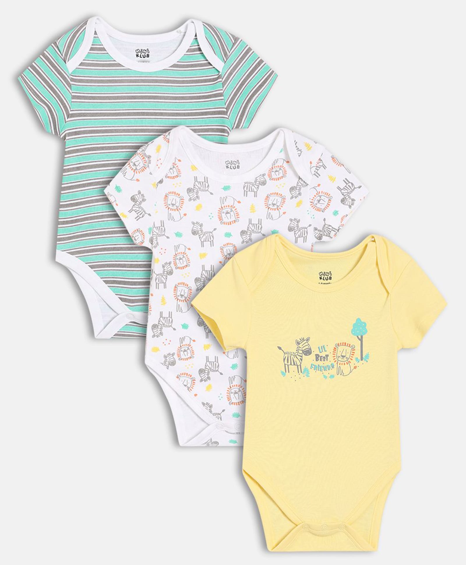 MINI KLUB Cotton Knit Pack Of 3 Half Sleeves Animals Printed & Striped Onesies - White Blue & Yellow-picture-16