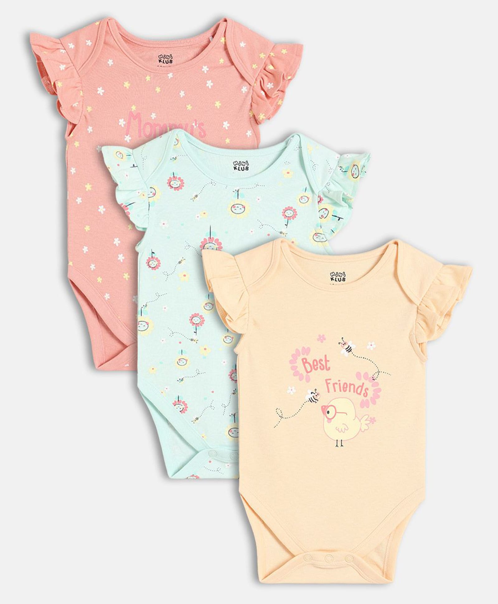 MINI KLUB Cotton Knit Pack Of 3 Half Sleeves Floral & Best Friend Text Printed Onesies - Pink Blue & Peach-picture-8