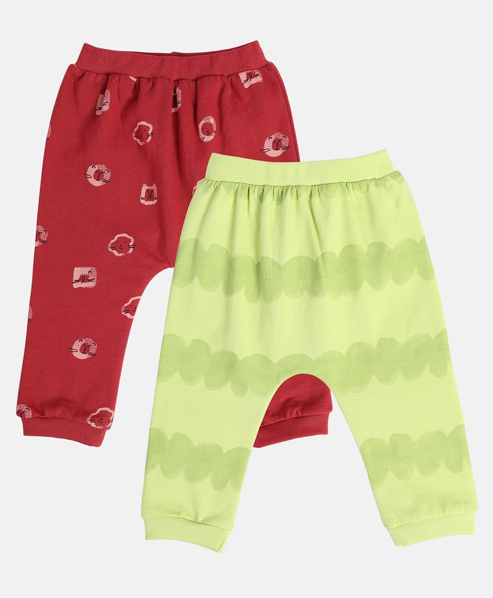 MINI KLUB Cotton Knit Pack Of 2 Abstract & Animal Printed Pants - Red & Lime Green-picture-21