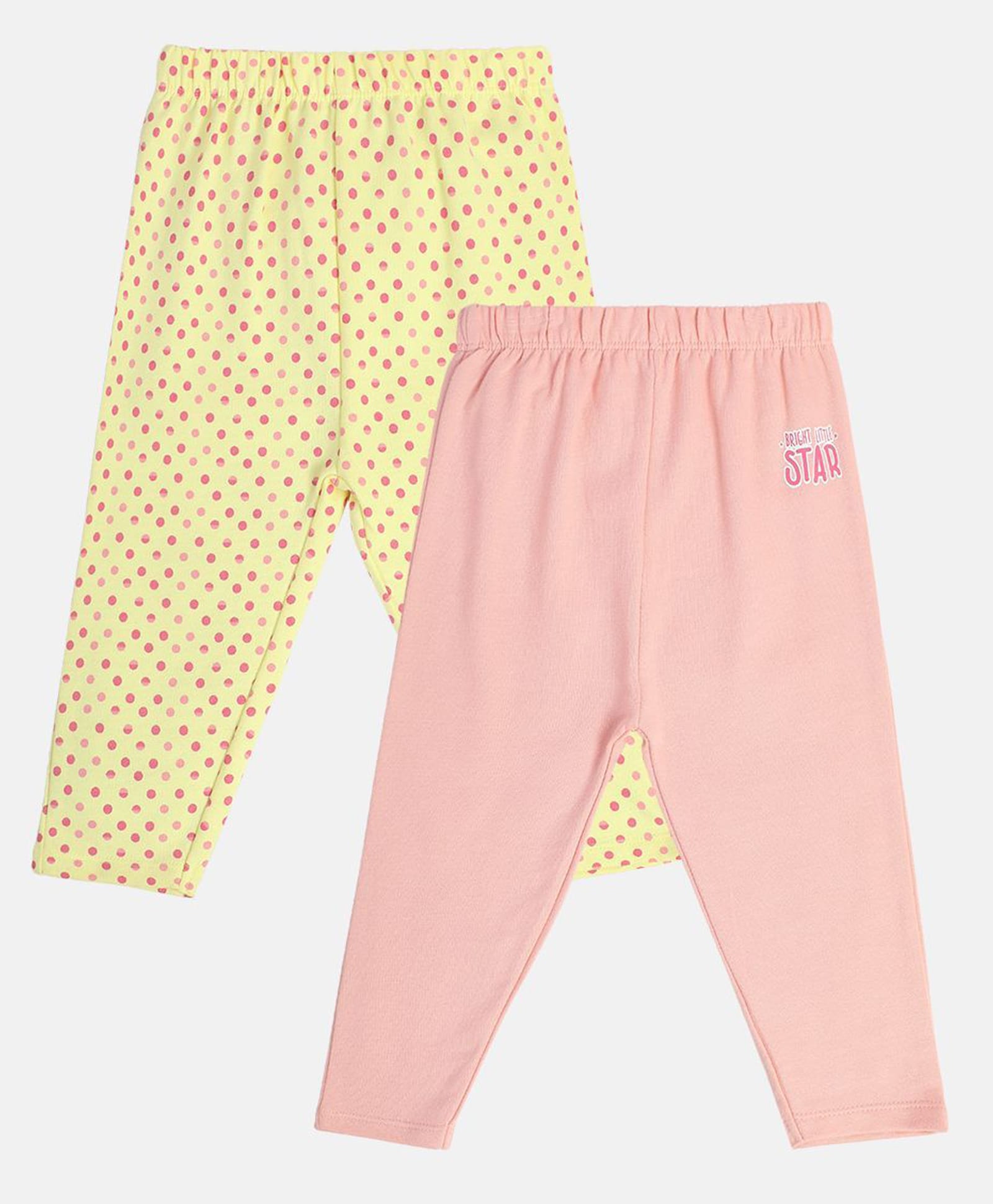 MINI KLUB Cotton Knit Pack Of 2 Polka Dots & Bright Little Star Text Printed Leggings - Yellow & Peach-picture-22