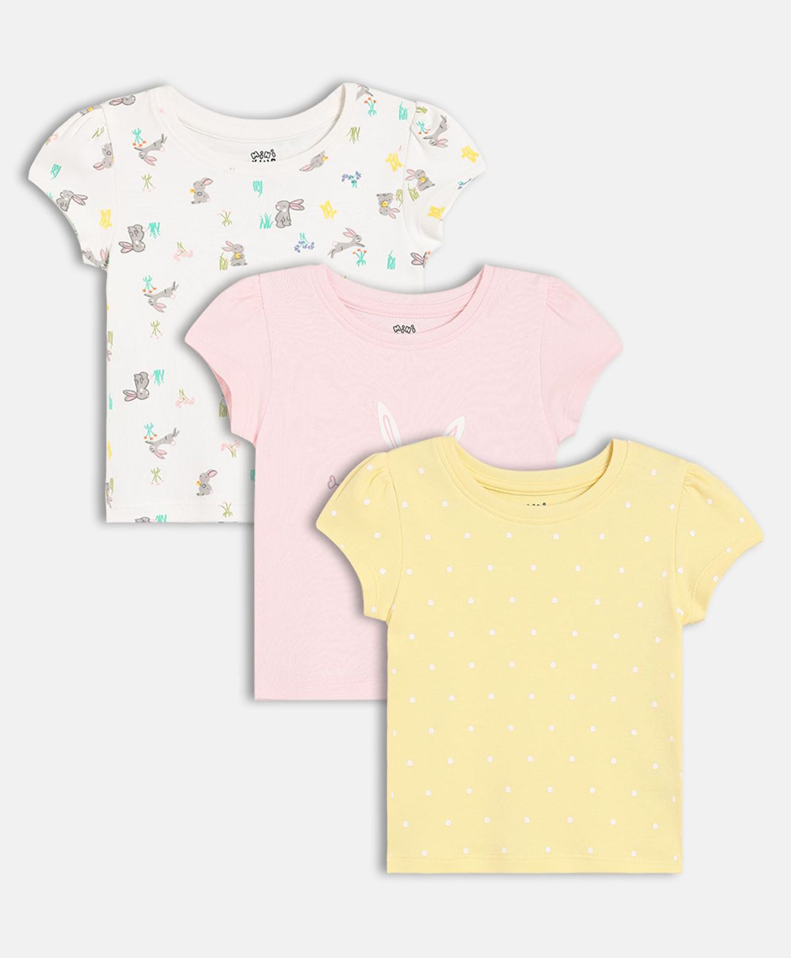 MINI KLUB Cotton Knit Pack Of 3 Half Sleeves Polka Dots & Bunnies Printed Tops - White Yellow & Pink-image-29