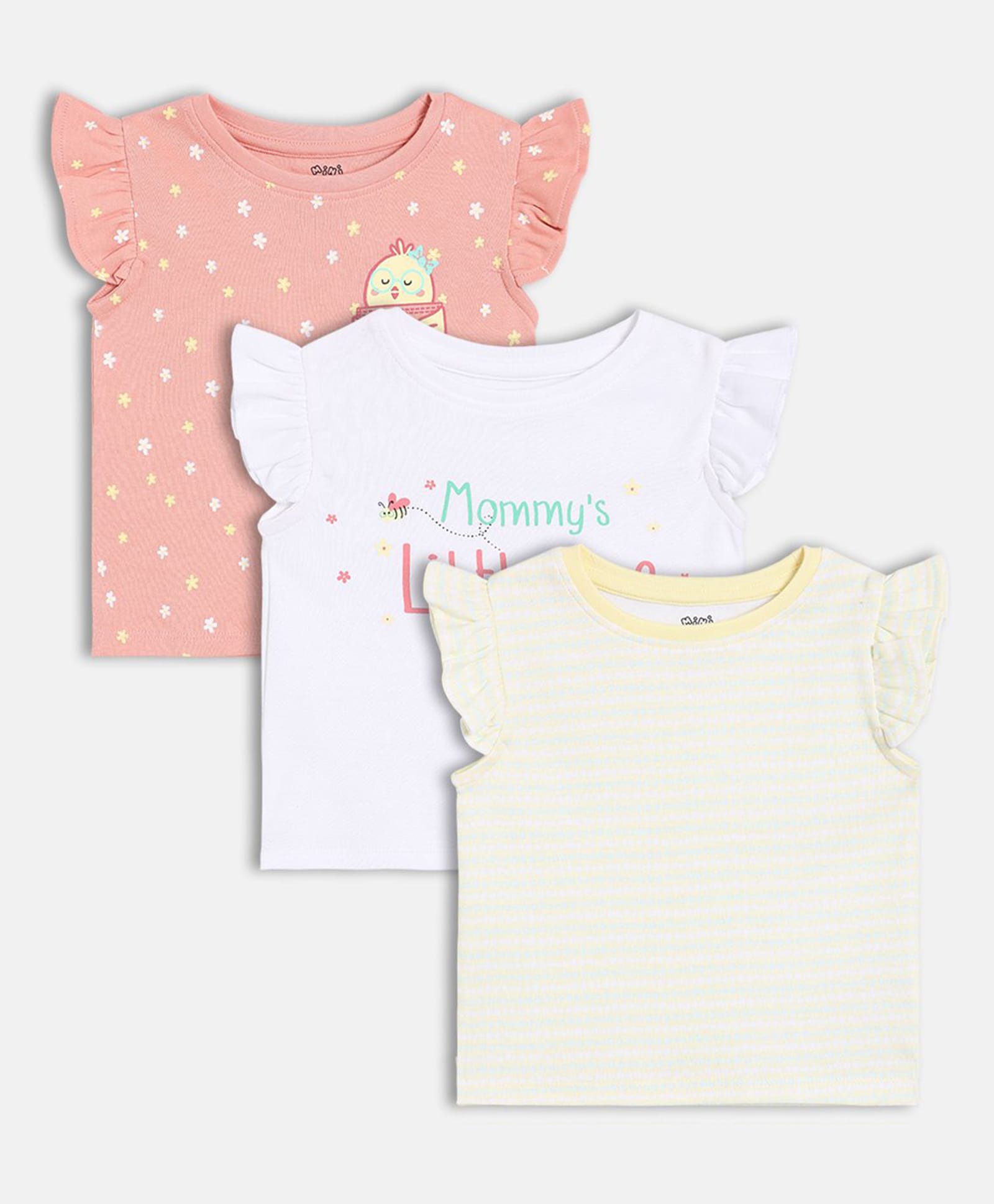 MINI KLUB Cotton Knit Pack Of 3 Half Sleeves Floral & Mommys Little Bee Text Printed Tops - White & Pink-picture-33