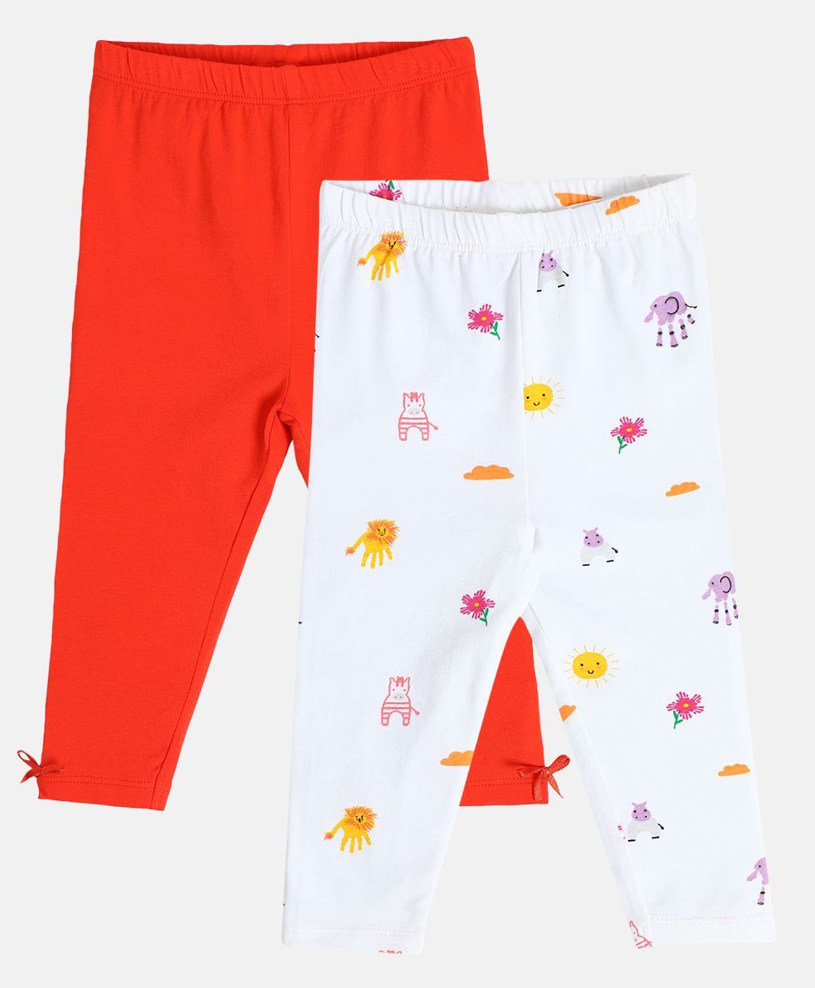 MINI KLUB Cotton Knit Pack Of 2 Animal Printed & Solid Leggings - White & Red-image-16