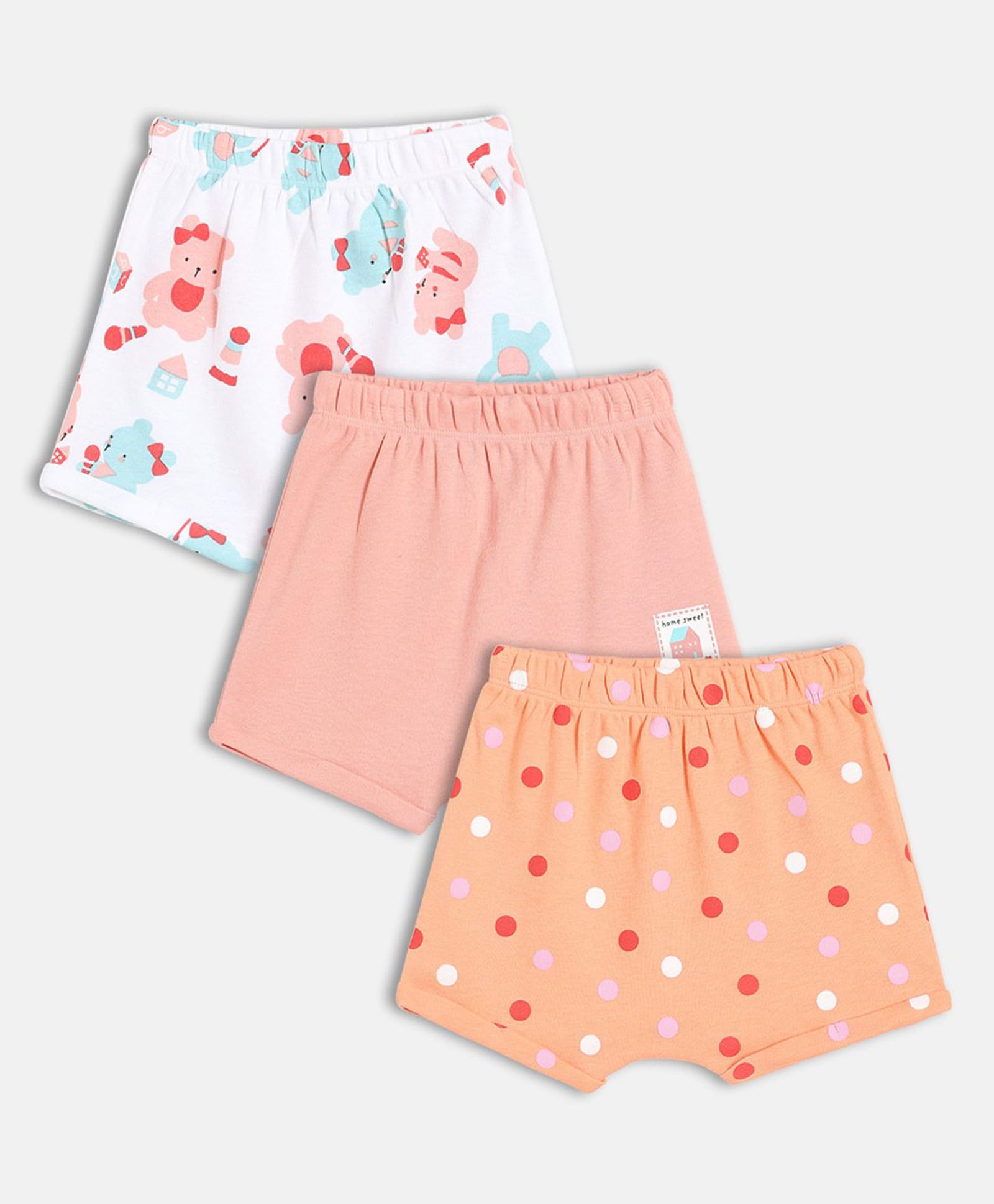 MINI KLUB Cotton Knit Pack Of 3 Solid Dots & Bear Printed Shorts - Orange Peach & White-picture-22