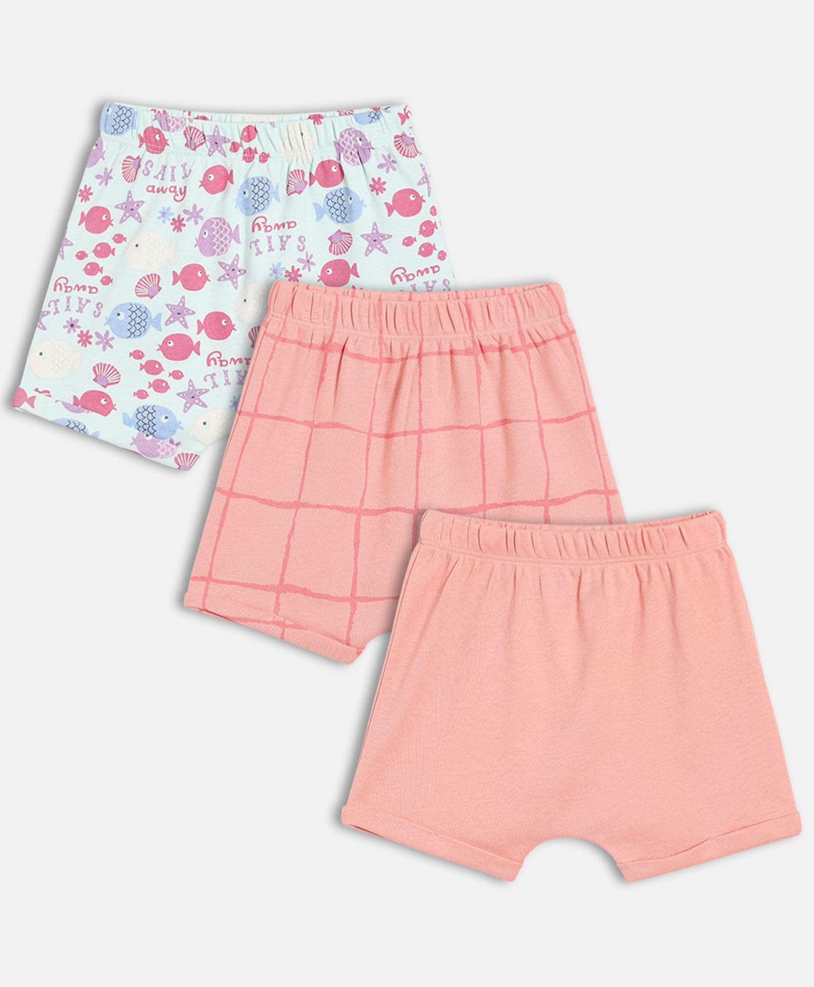 MINI KLUB Cotton Knit Pack Of 3 Solid Checked & Fishes Printed Shorts - Blue & Pink-picture-13