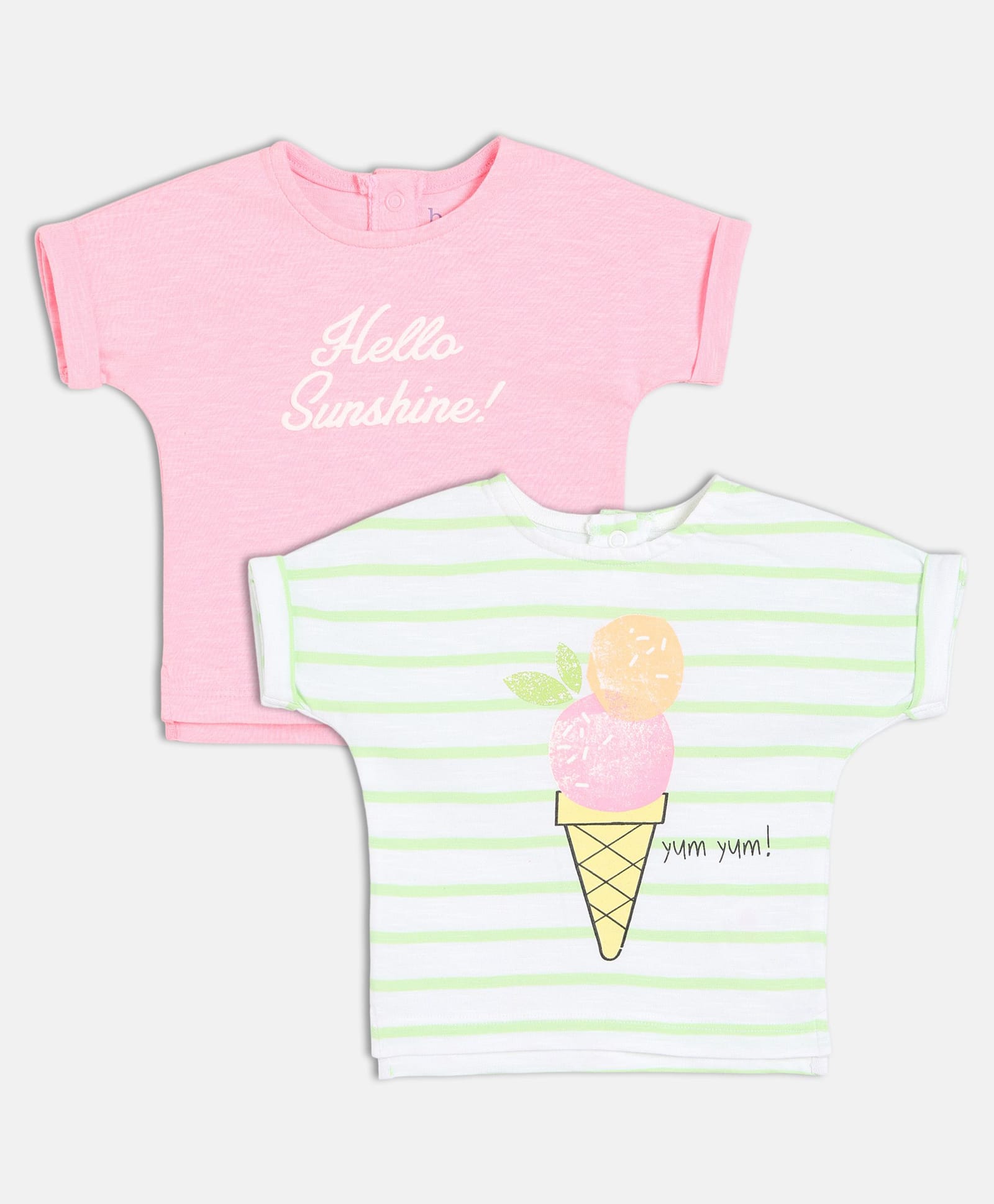 MINI KLUB Cotton Knit Pack Of 2 Half Sleeves Ice Cream & Typography Printed Tops - White & Pink-image-27
