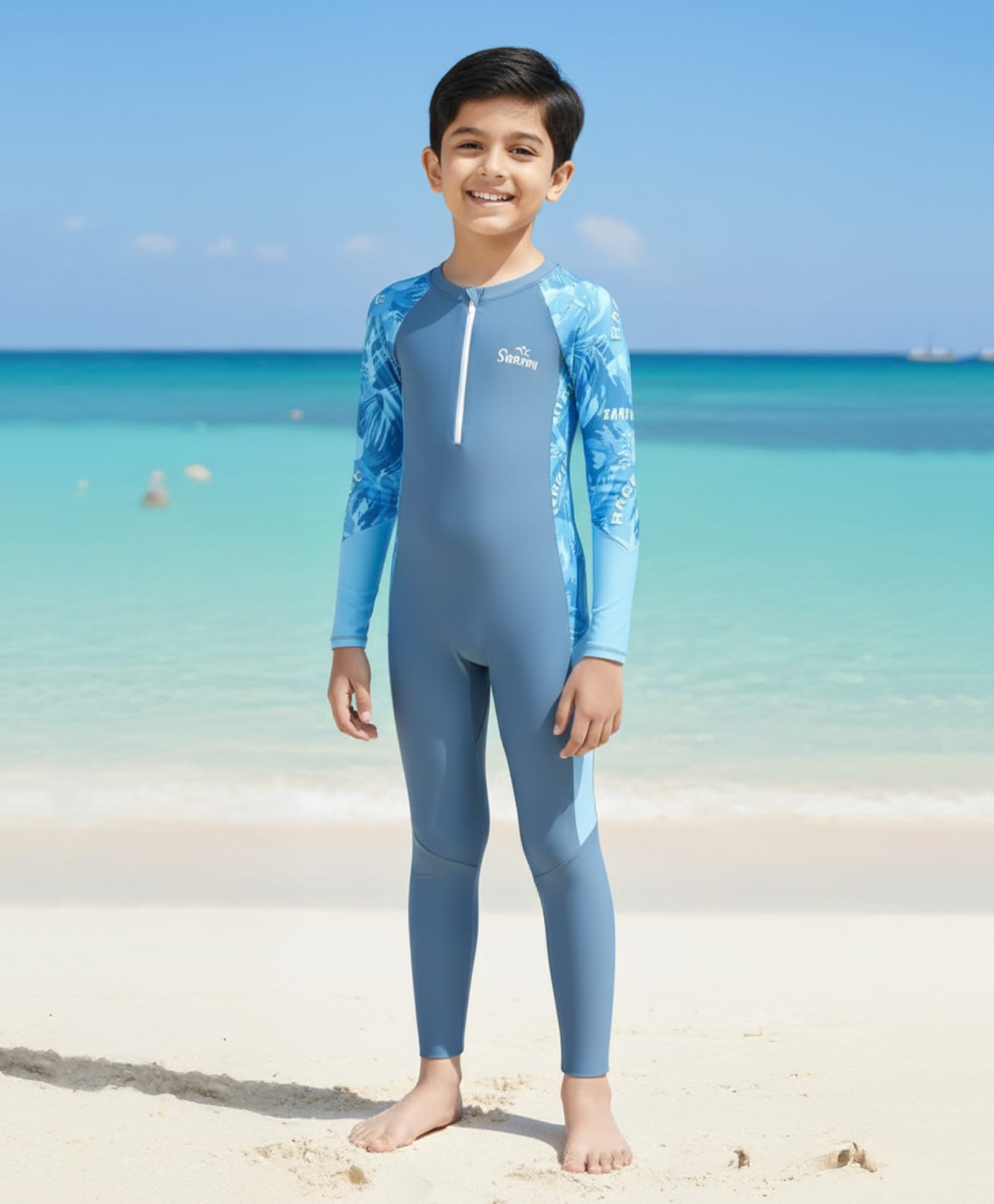 The Mom Store Full Raglan Sleeves Tropical Theme Printed Legged Swimsuit - Blue-picture-39