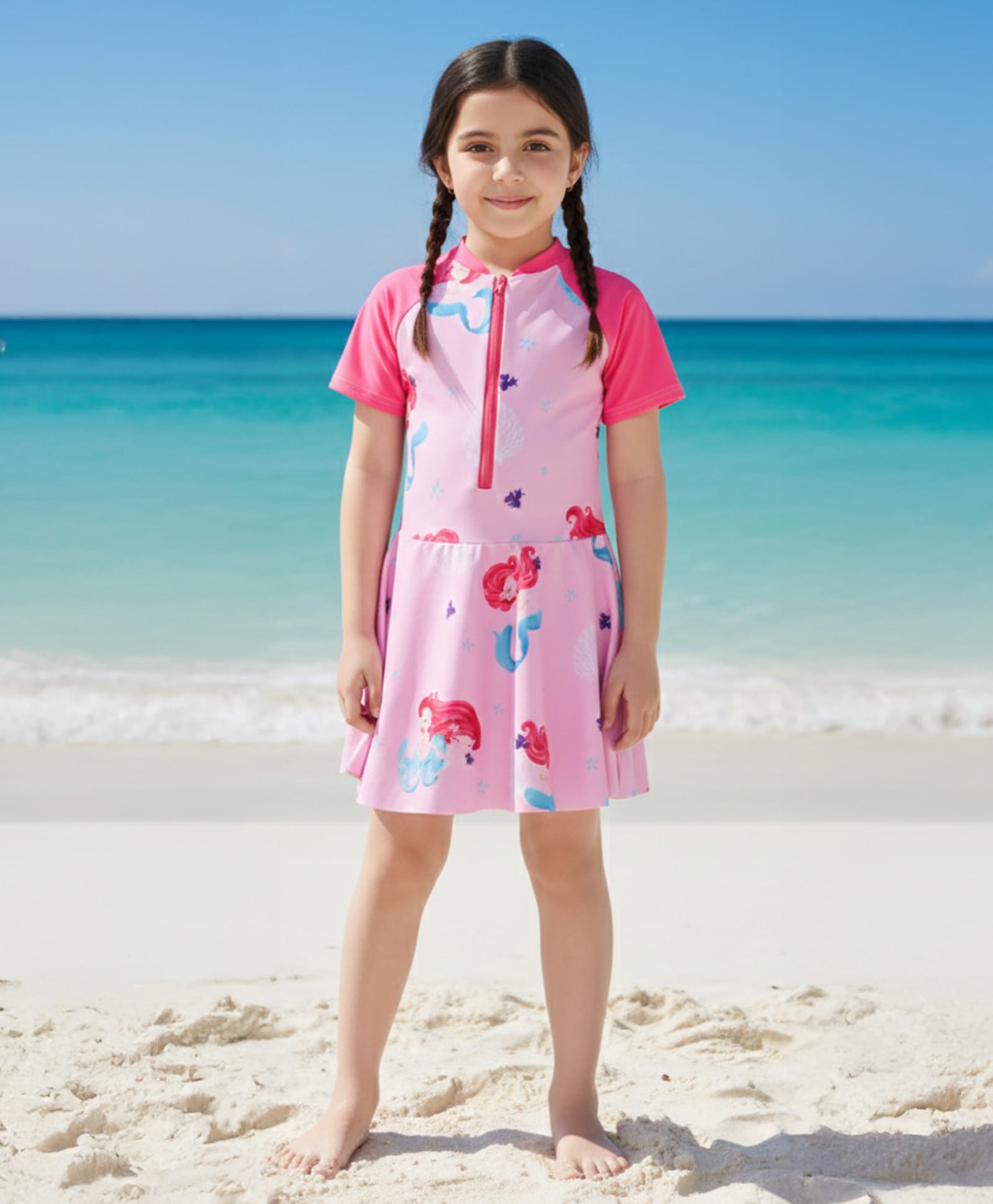 The Mom Store Half Raglan Sleeves Mermaid Printed Frock Style Swimsuit - Pink-picture-20